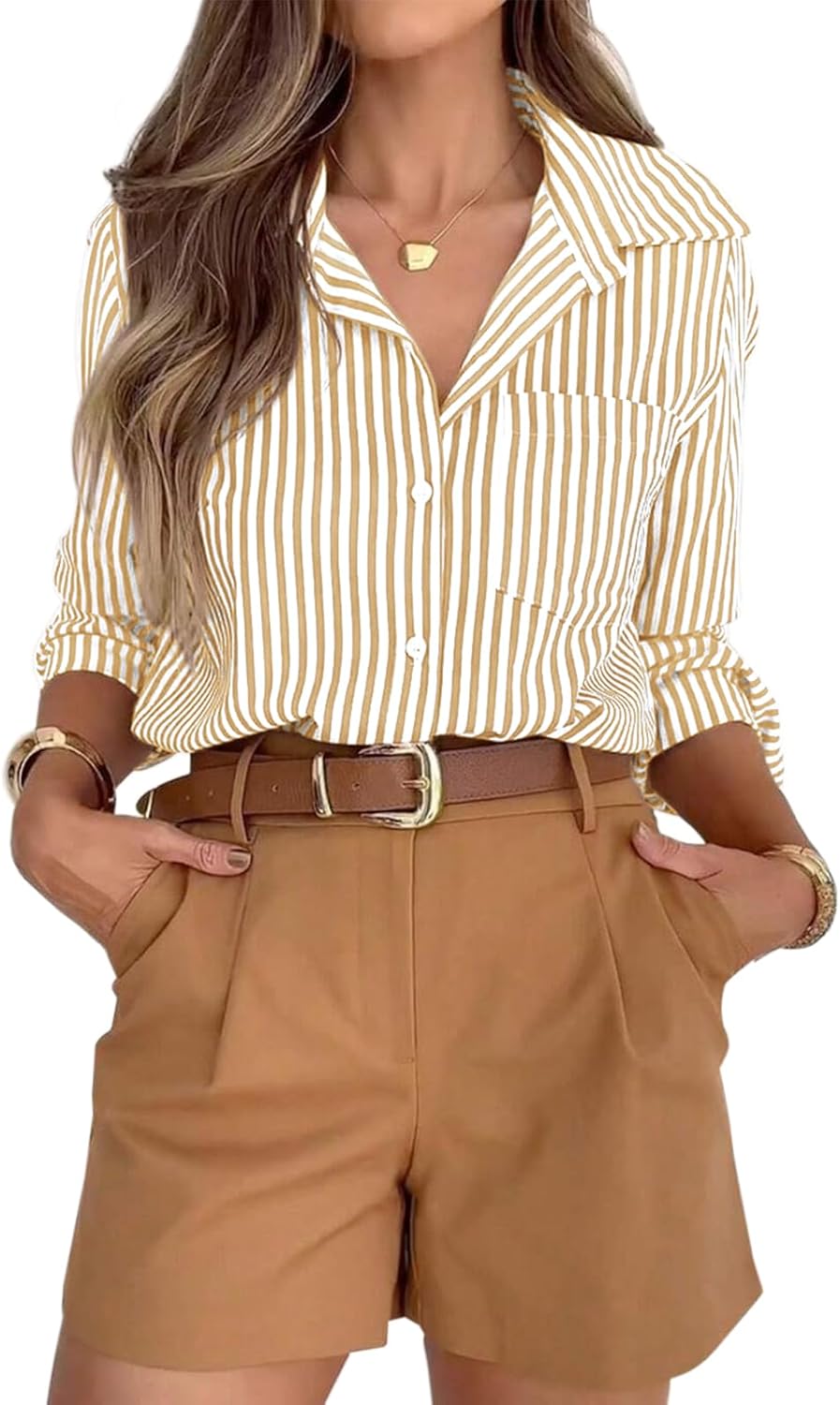 siliteelon Striped Button Down Shirts for Women Dress Shirts Long Sleeve Casual Collared Office Work Shirt with Pocket