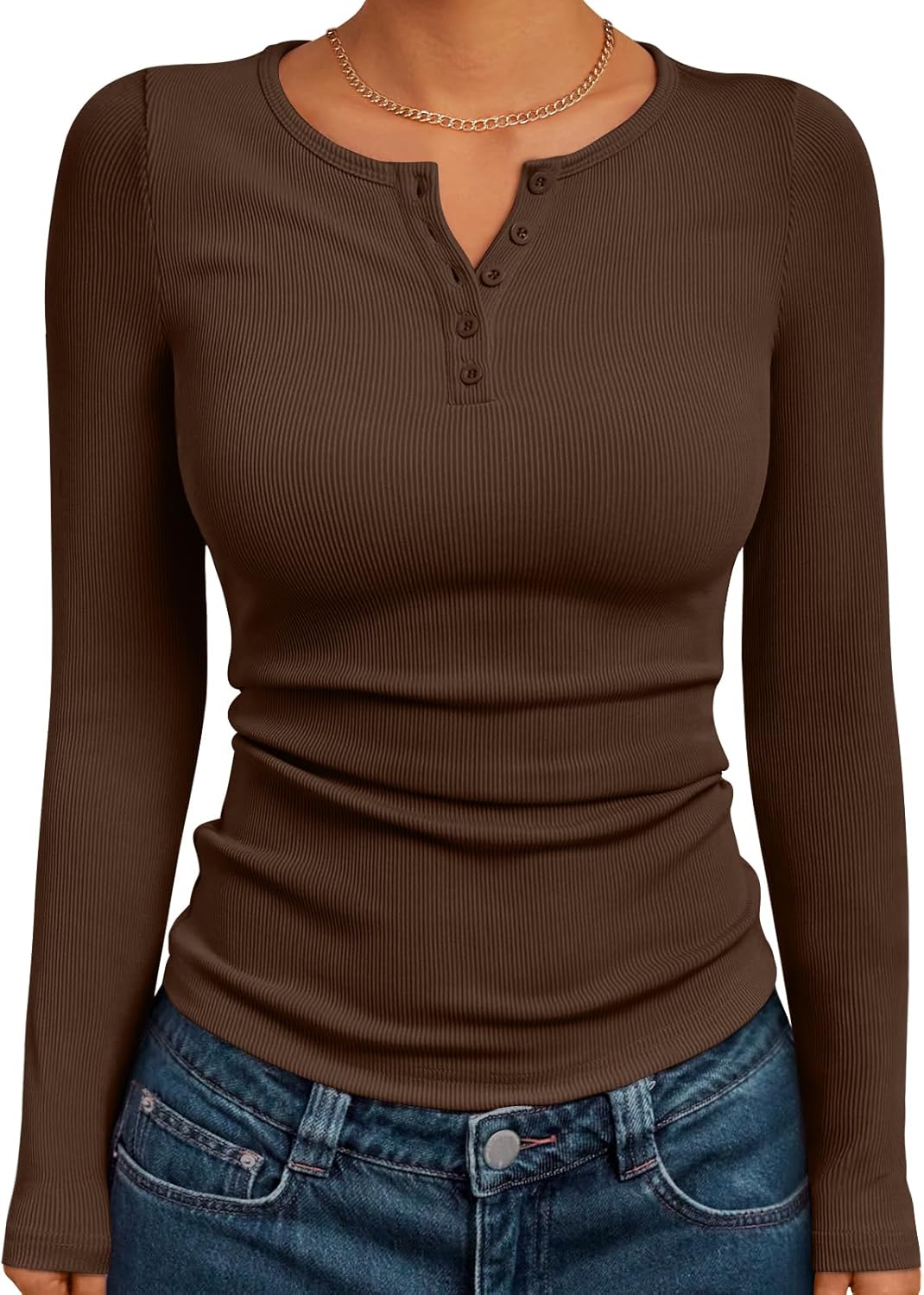 Trendy Queen Womens Long Sleeve Shirts 2025 Henley Casual Fall Outfits Fitted Tops Ribbed Fashion Basic Tees