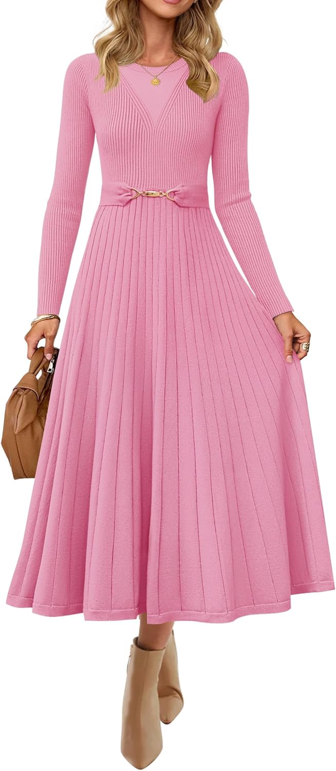 ZESICA Women's Long Sleeve Midi Sweater Dress 2025 Fall Crewneck Knit A Line Pleated Flowy Long Dresses with Belt