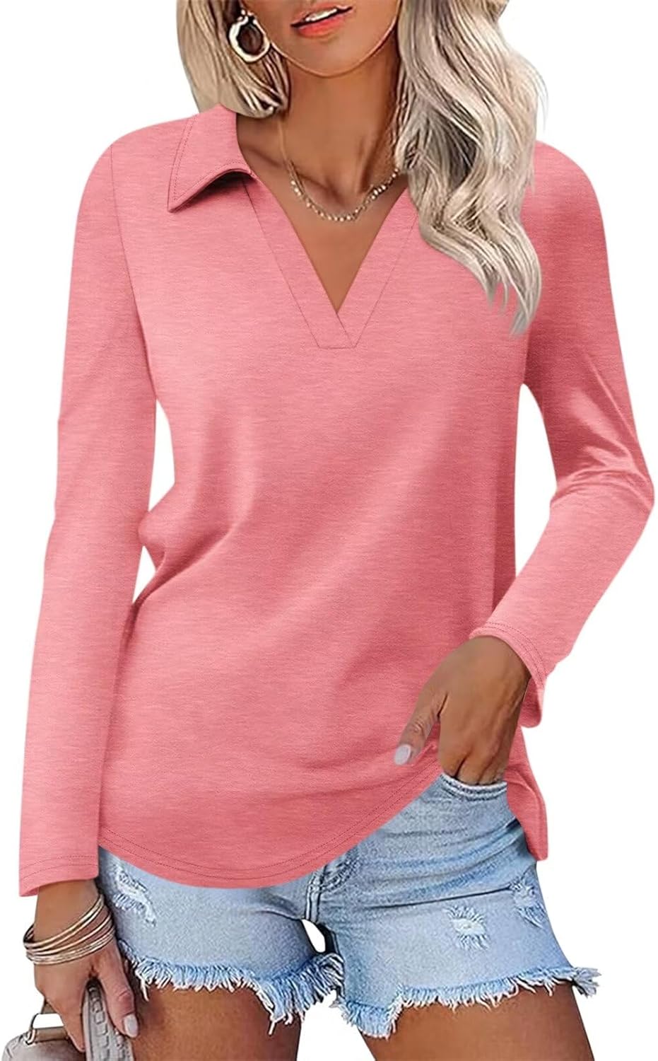 ORANDESIGNE Women's Long Sleeve Polo Shirts Casual Color Block V Neck Tops Fall Collar Ladies Tunics Tees
