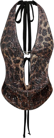 Verdusa Women's Cheetah Print Sequin Top Y2K Tie Back Corset Halter Going Out Crop Tops
