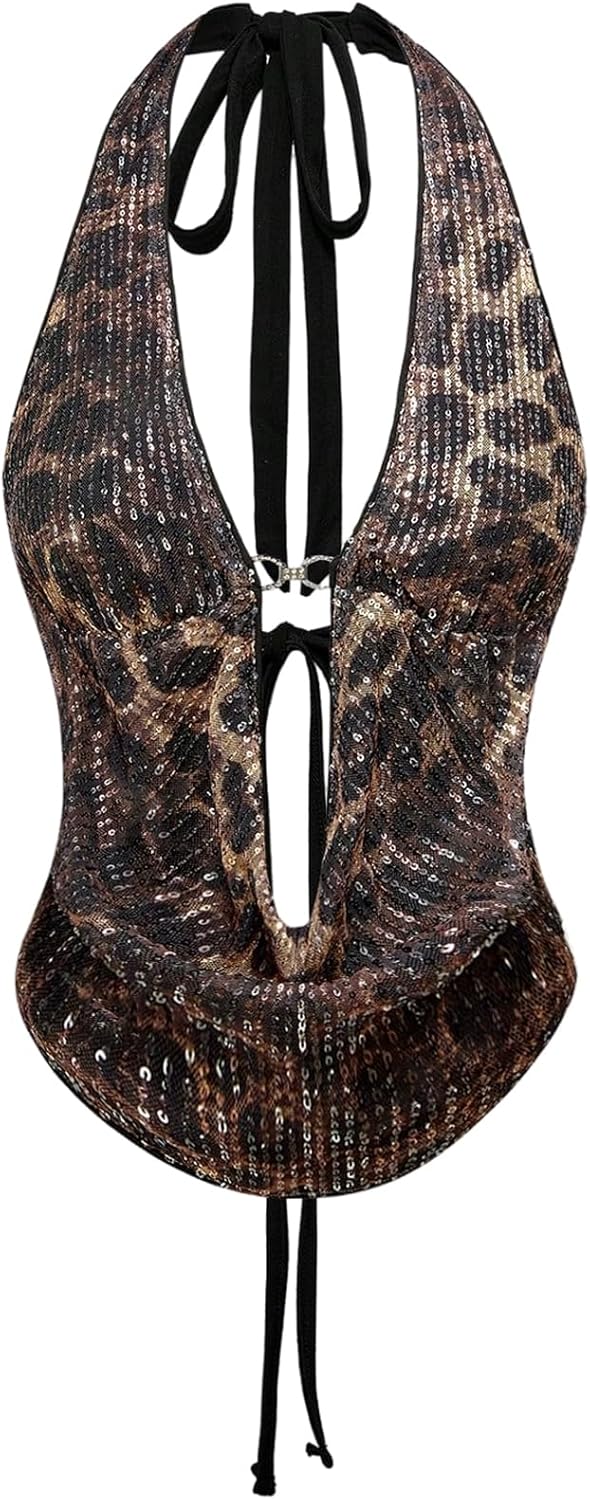 Verdusa Women's Cheetah Print Sequin Top Y2K Tie Back Corset Halter Going Out Crop Tops