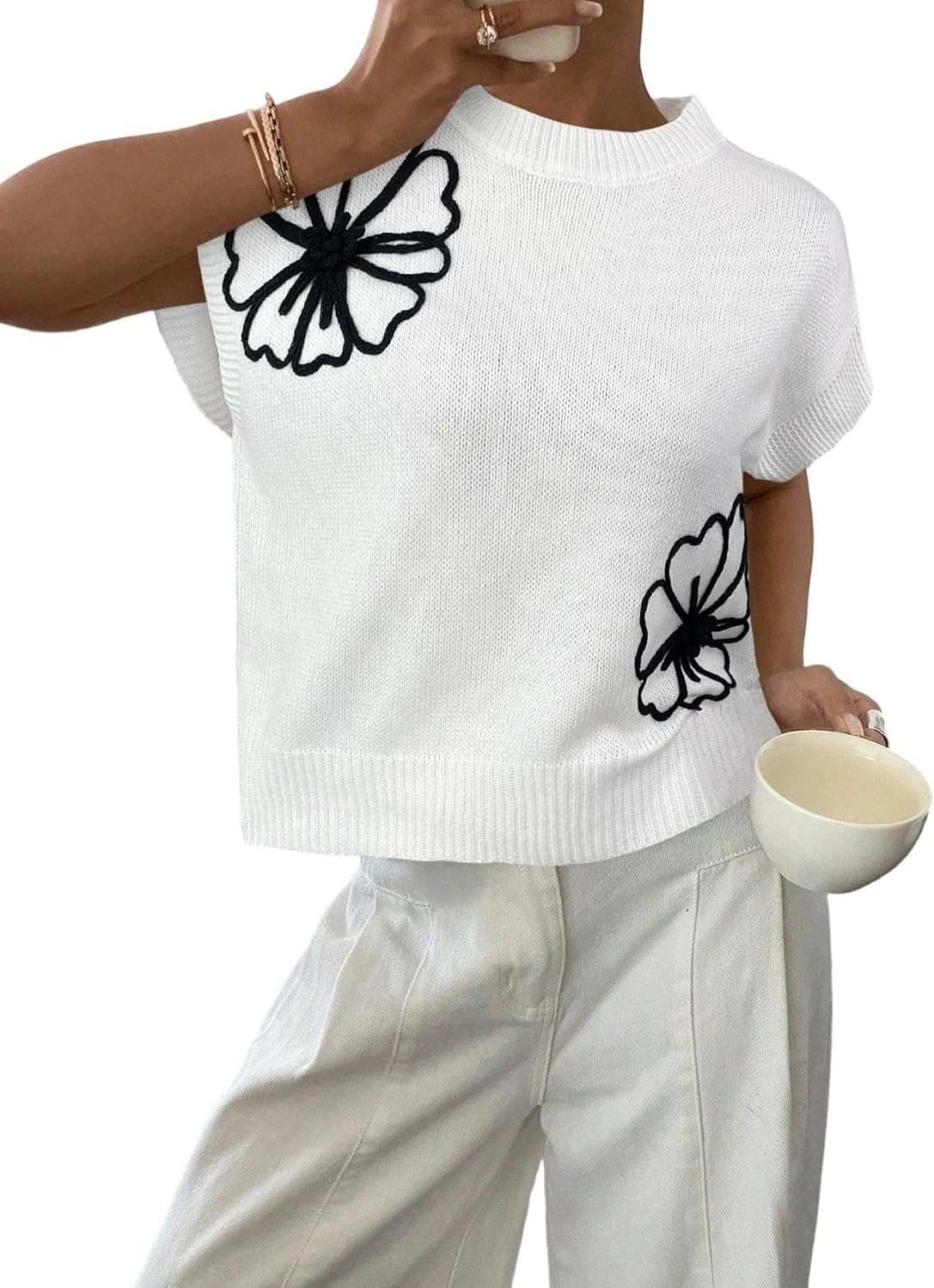 SOLY HUX Women's Ribbed Sweater Crew Neck Short Sleeve Loose Fit Floral Knit Pullover Tops