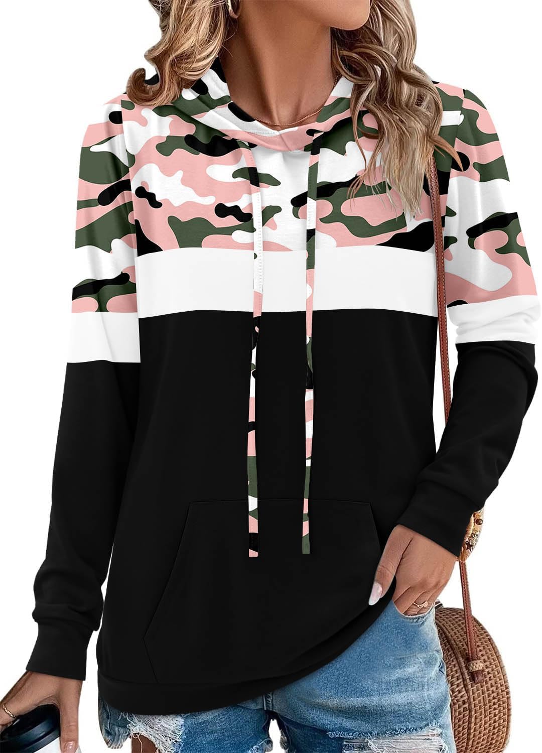Angerella Hoodies for Women Camo Leopard Print Tops Pullover Hooded Sweatshirt Drawstring with Pocket