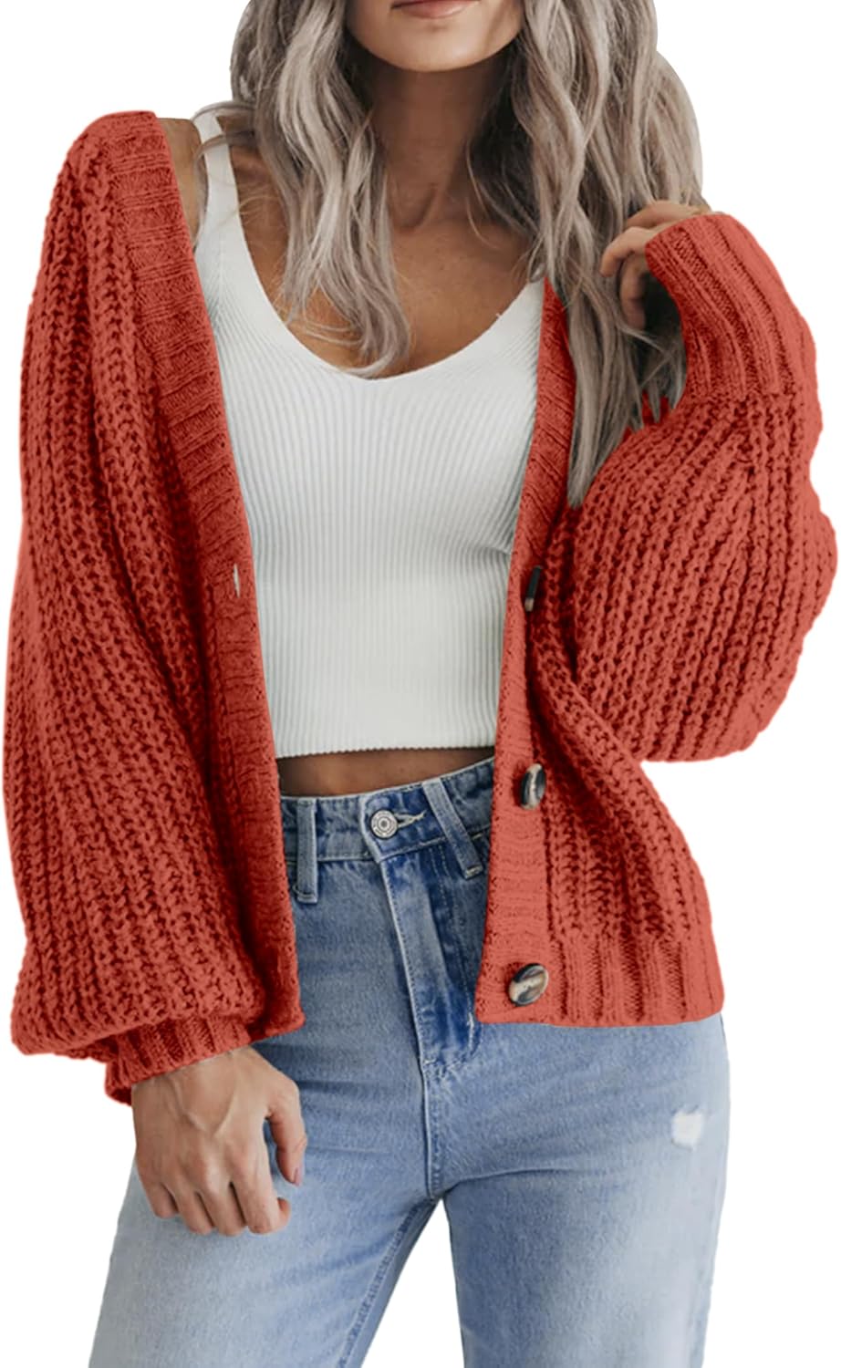 Zeagoo Women's 2025 Fall Chunky Knit Cardigans Open Front Long Sleeve V Neck Button Loose Cardigan Sweaters