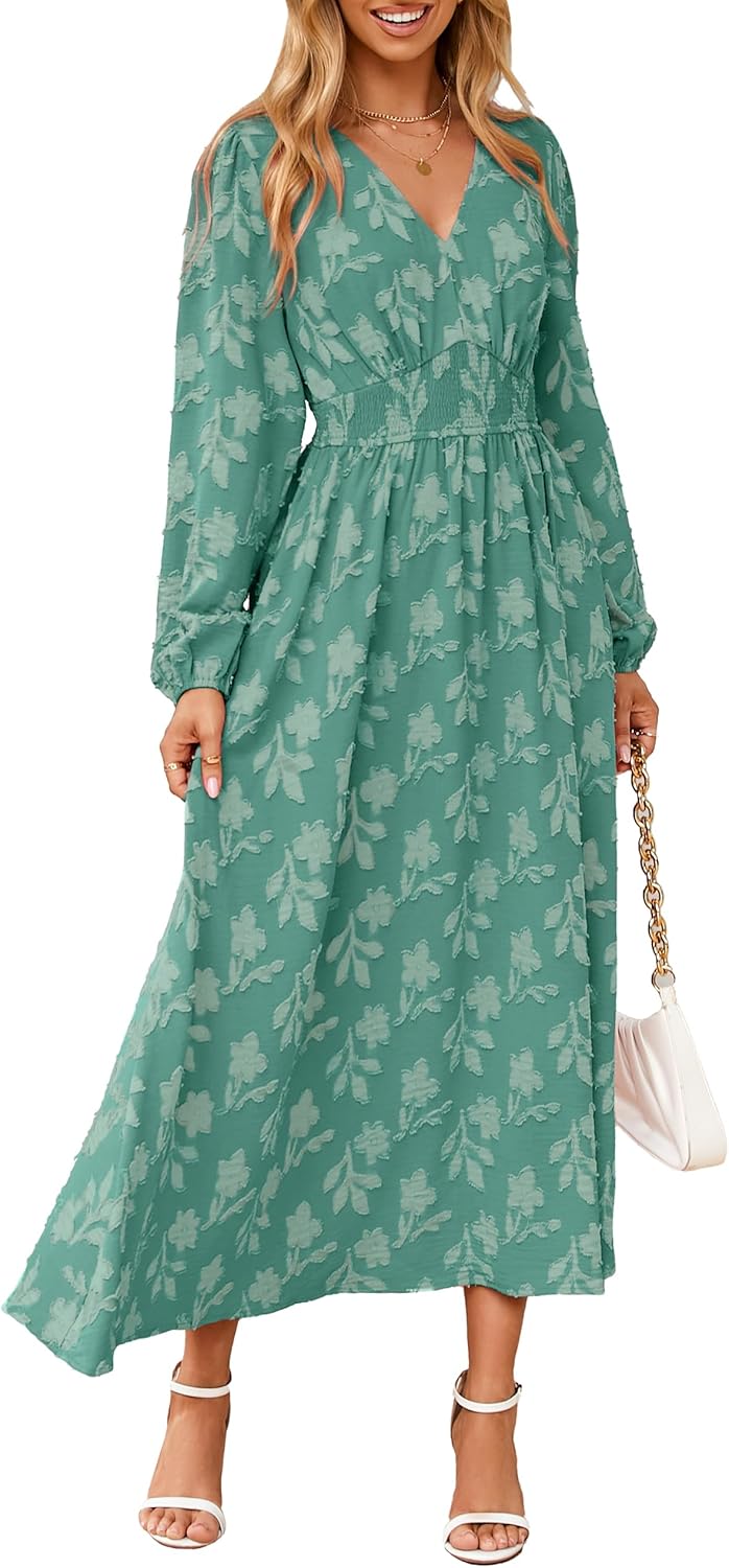 Simplee Womens Boho Floral Long Sleeve Maxi Dress V Neck Empire Waist Fall Wedding Guest Dresses with Pockets