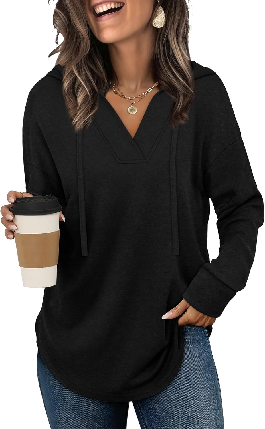 Sampeel Hoodies for Women Trendy Fall Fashion 2025 V Neck Oversized Sweatshirt Plus Size Tops Clothes