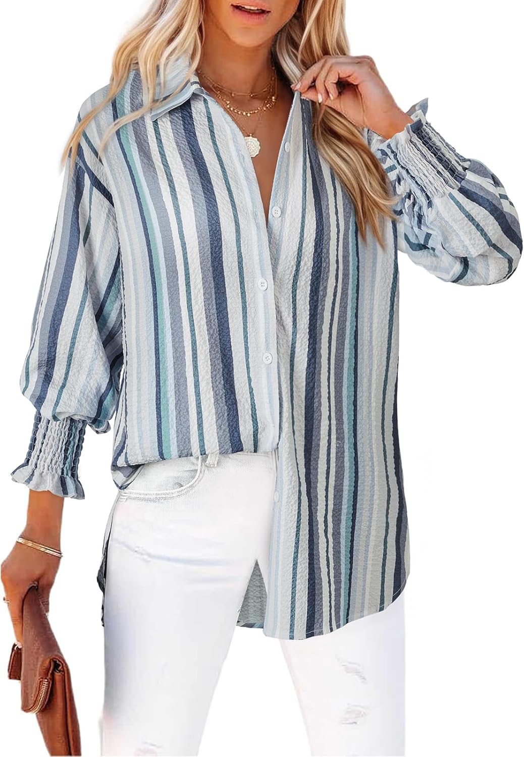 Women's Striped Button Down Shirts Long Sleeve Smocked Cuffed Oversized Boyfriend Blouses Collared Work No Pockets Tops