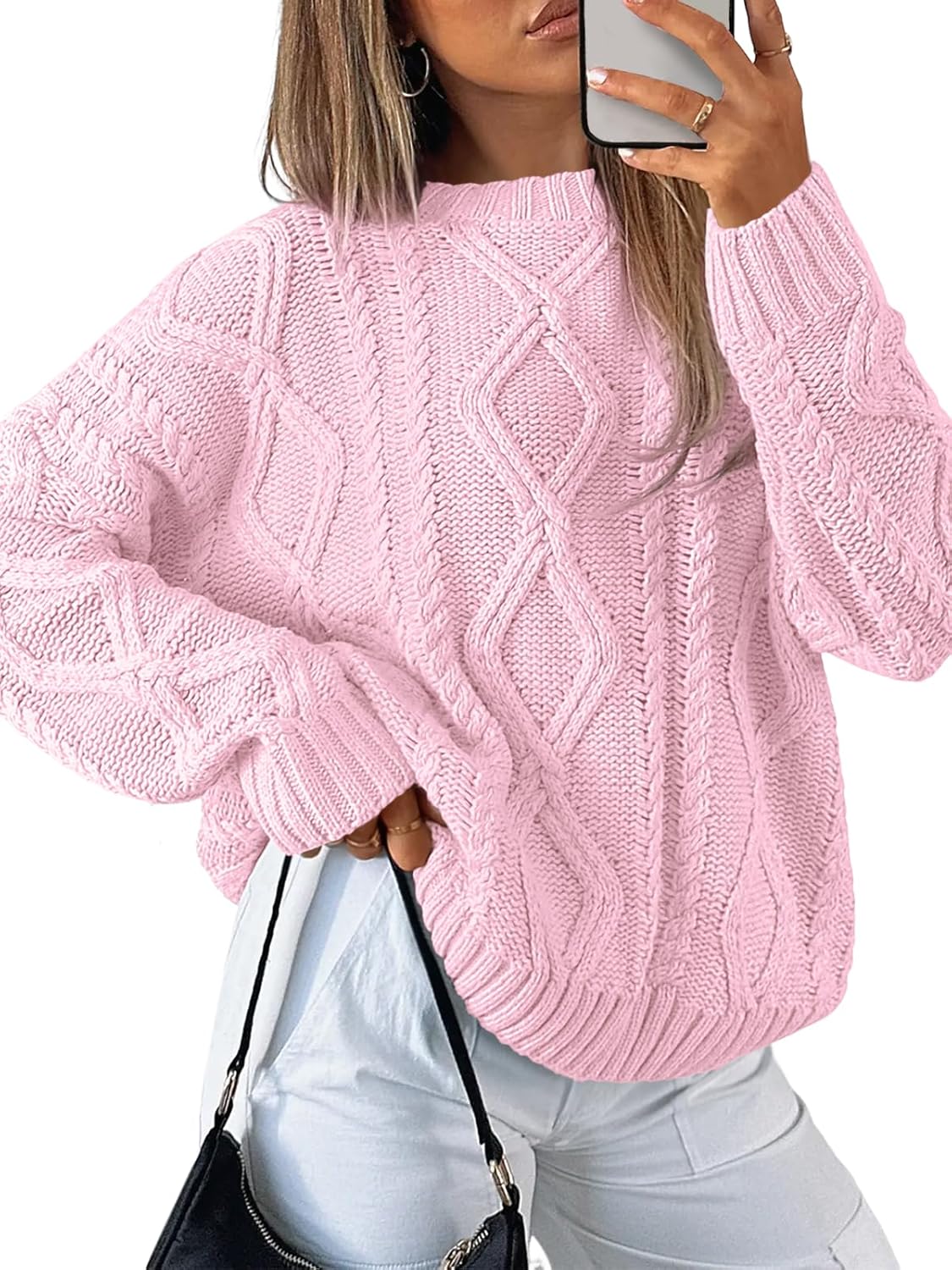Trendy Queen Women's Oversized Cable Knit Crewneck Sweaters