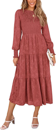 PRETTYGARDEN Women's Fall Spring Midi Dress Long Sleeve Floral Smocked Elegant Wedding Guest Long Flowy Dresses with Pockets