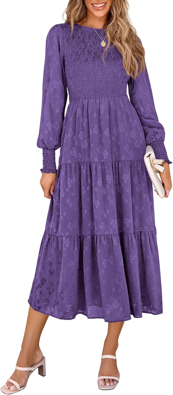 PRETTYGARDEN Women's Fall Spring Midi Dress Long Sleeve Floral Smocked Elegant Wedding Guest Long Flowy Dresses with Pockets