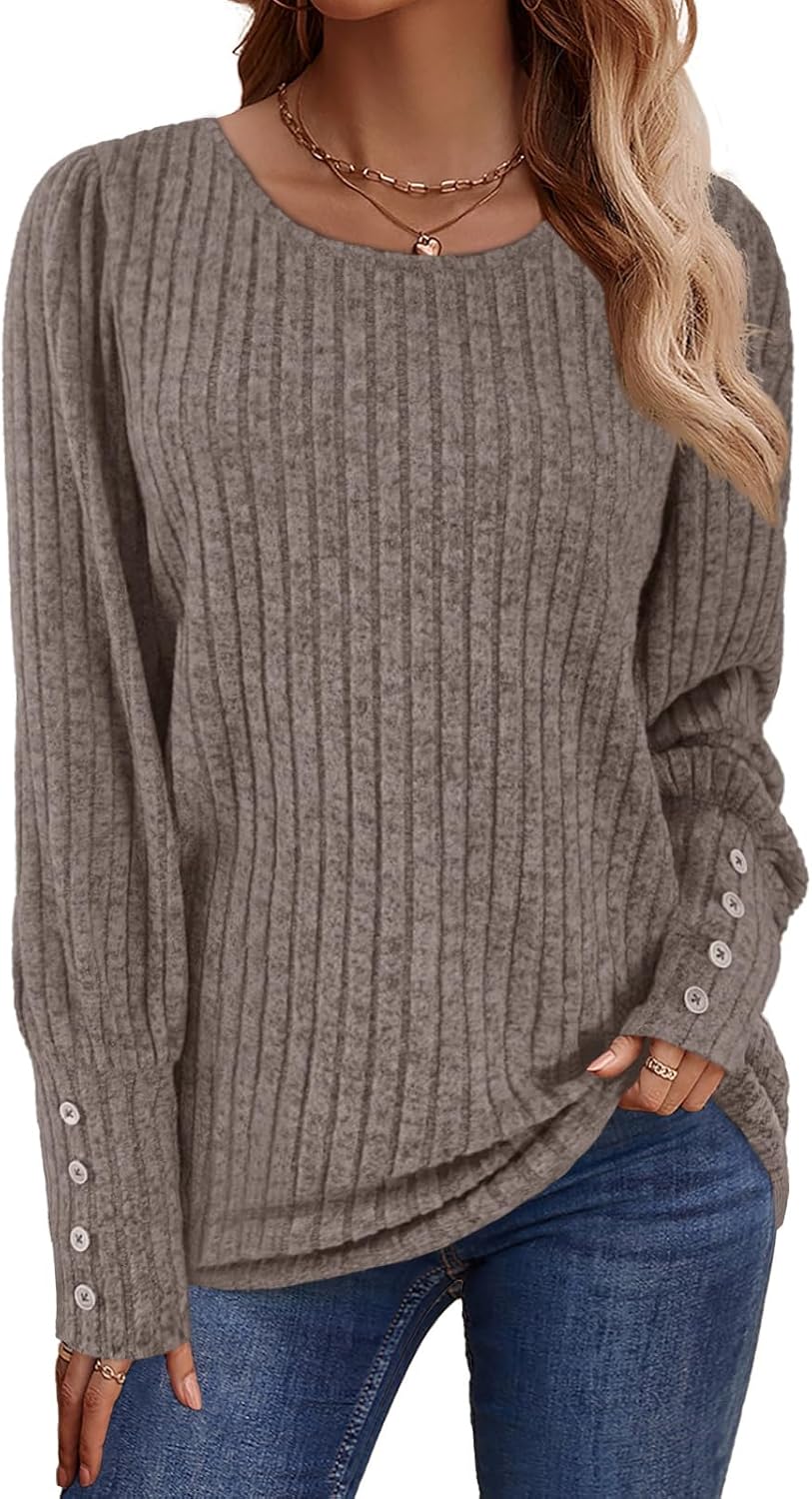 Lylinan Womens Ribbed Knit Long Sleeve Tops Casual Button Cuff Pullover Sweaters Blouses S-XXL