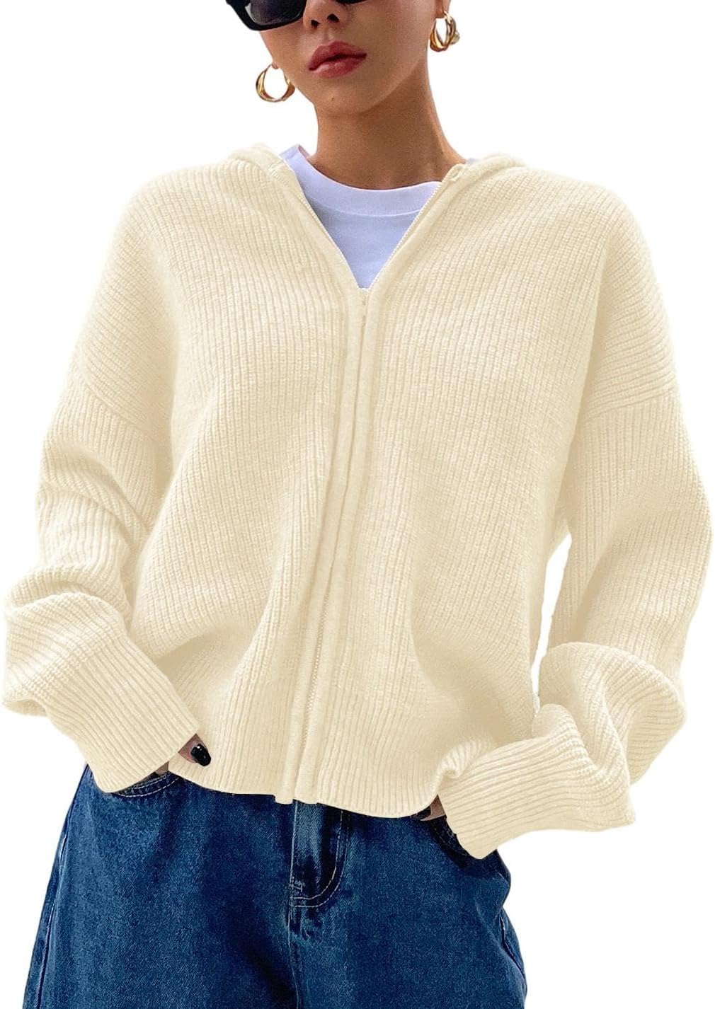 SOLY HUX Zip Up Cardigan for Women Hooded Cardigan Sweater Knitted Drop Shoulder Fall Clothes Winter Hoodies Outerwear