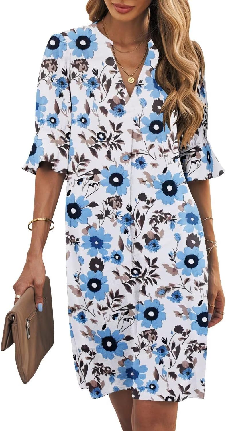 Wkior Shift Dress for Women V Neck Short Sleeves Solid Color Casual Flowy Summer Dresses(S-2XL)