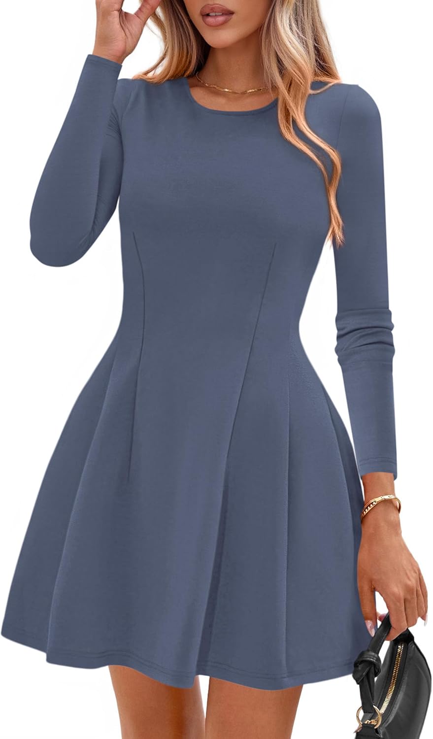 PRETTYGARDEN Long Sleeve Mini Dress for Women 2025 Fall Crewneck Knit Pleated Babydoll A Line Soft Casual Short Party Dresses