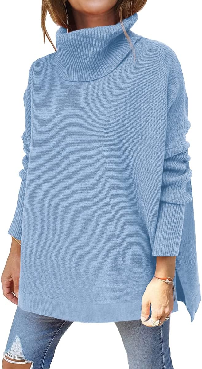 LILLUSORY Women's Turtleneck Oversized Sweaters Long Batwing Sleeve Spilt Hem Tunic Pullover Knit Tops