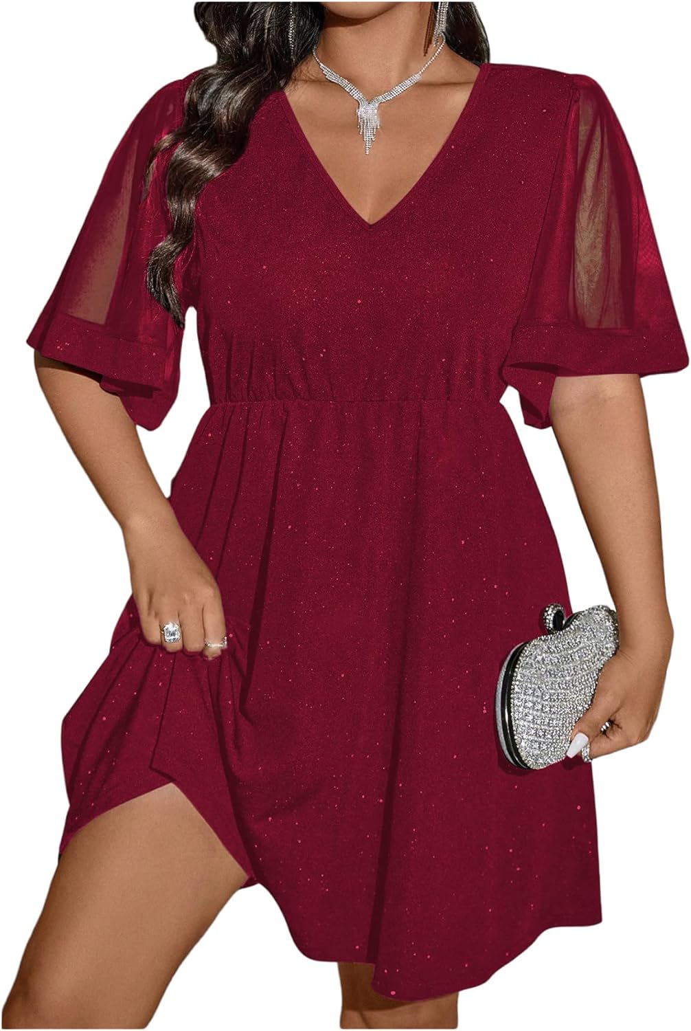 Floerns Women's Plus Size Contrast Mesh Half Flounce Sleeve V Neck Glitter Flared Hem A Line Dress