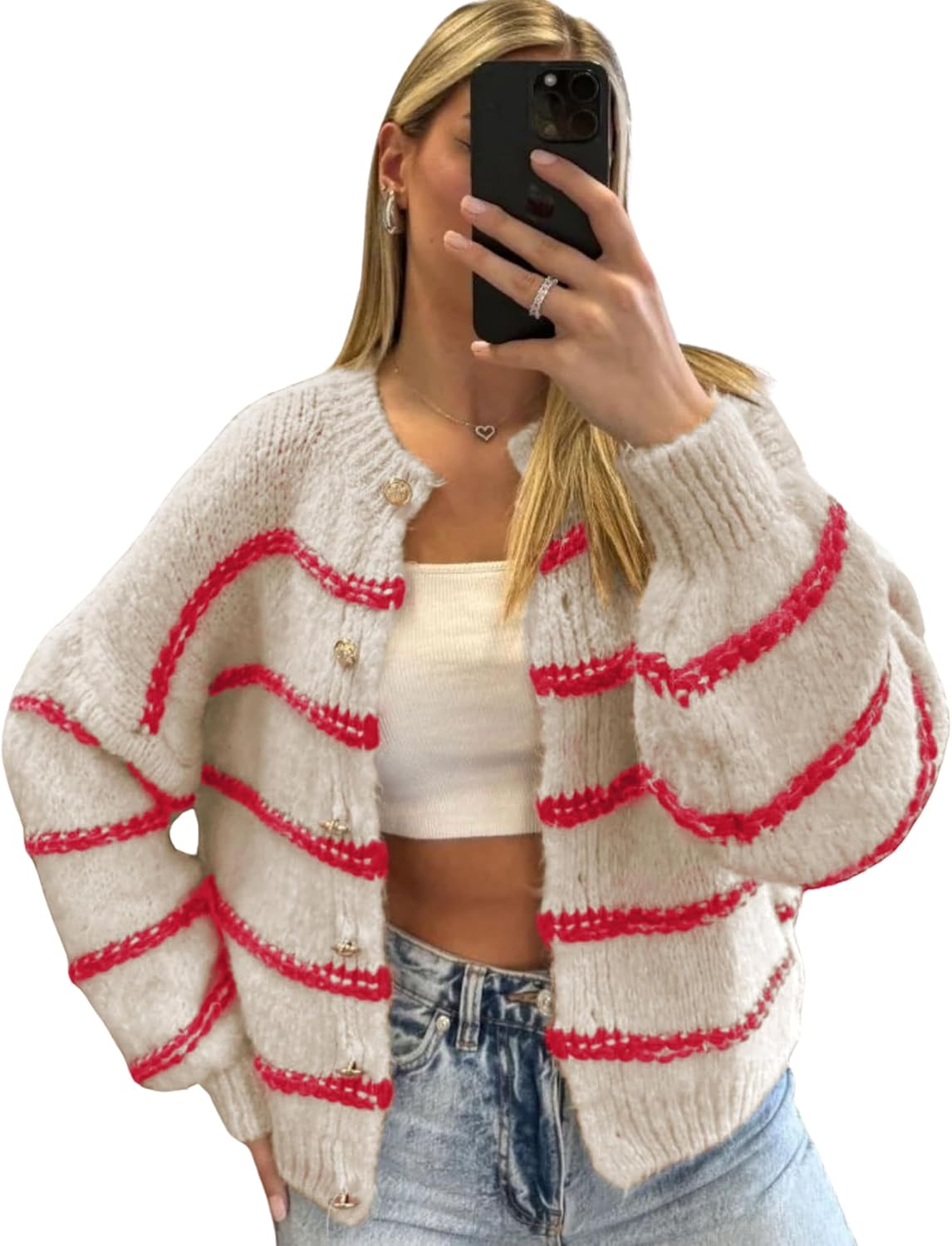 QIBABU Womens Striped Cardigan Sweaters Casual Open Front Long Sleeve Button Down Knit Outwear