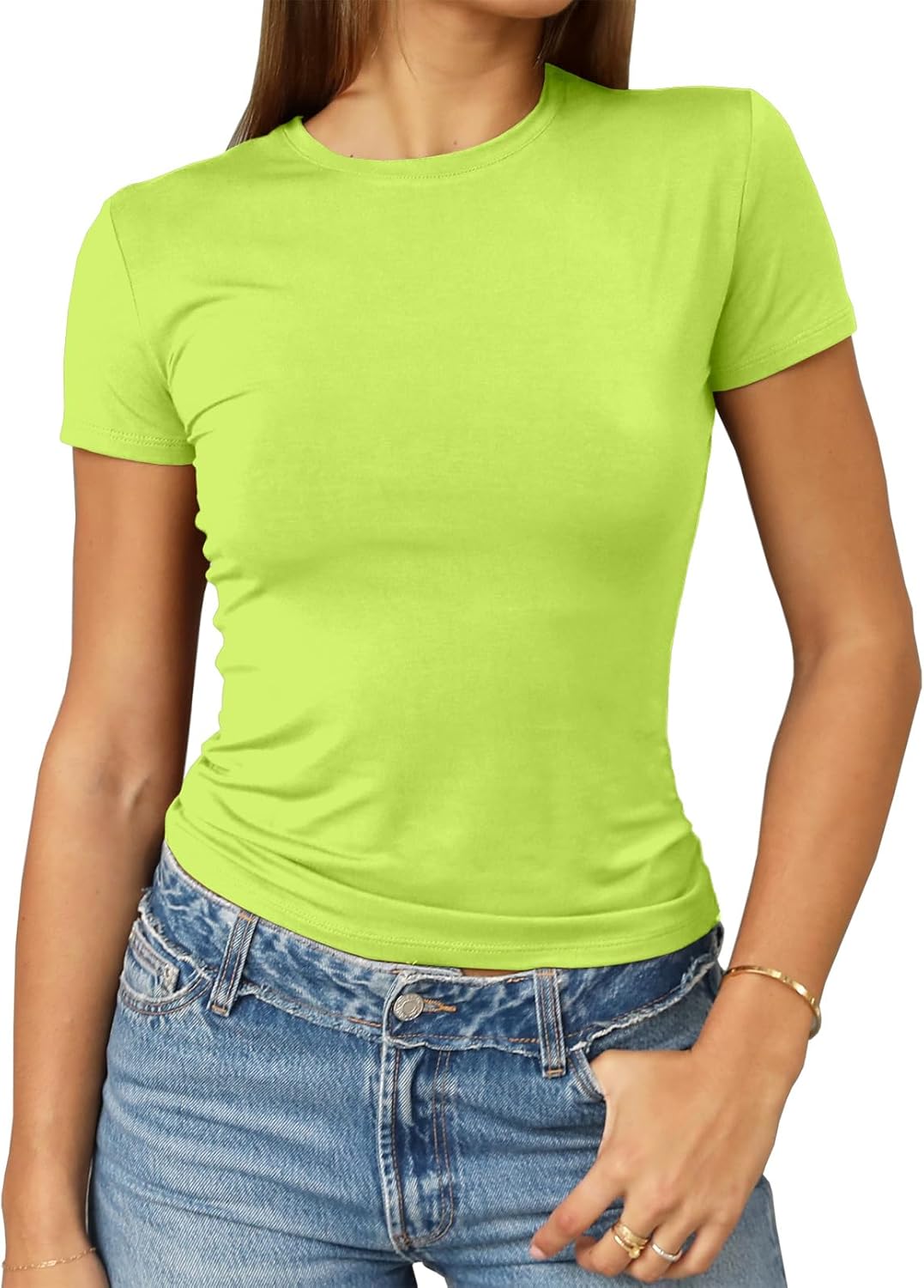 Abardsion Women's Casual Basic Going Out Crop Tops Slim Fit Short Sleeve Crew Neck Tight T Shirts 2025