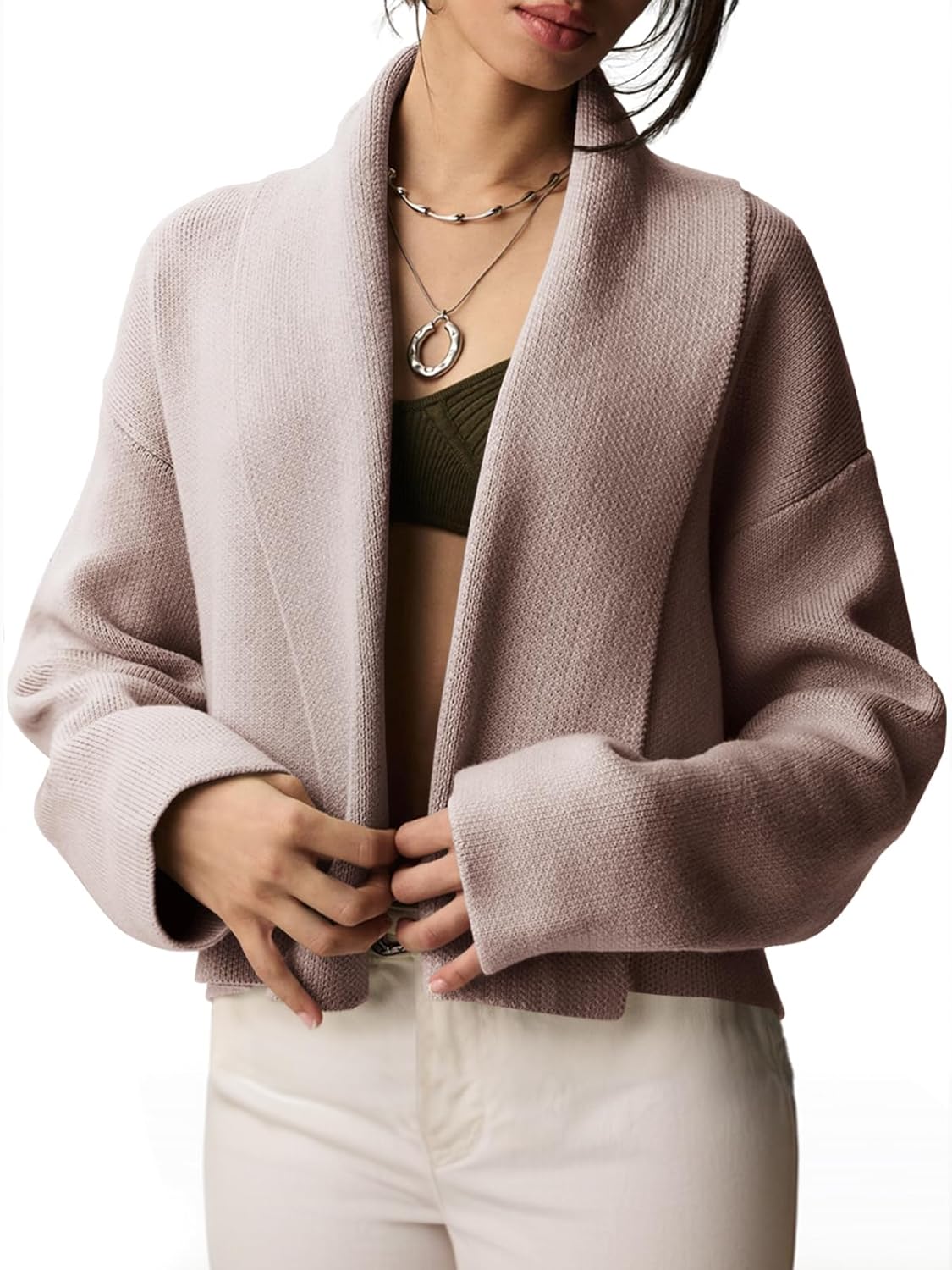 Saodimallsu Womens Cropped Cardigan Open Front Shawl 2025 Fall Trendy Long Sleeve Sweater Jacket