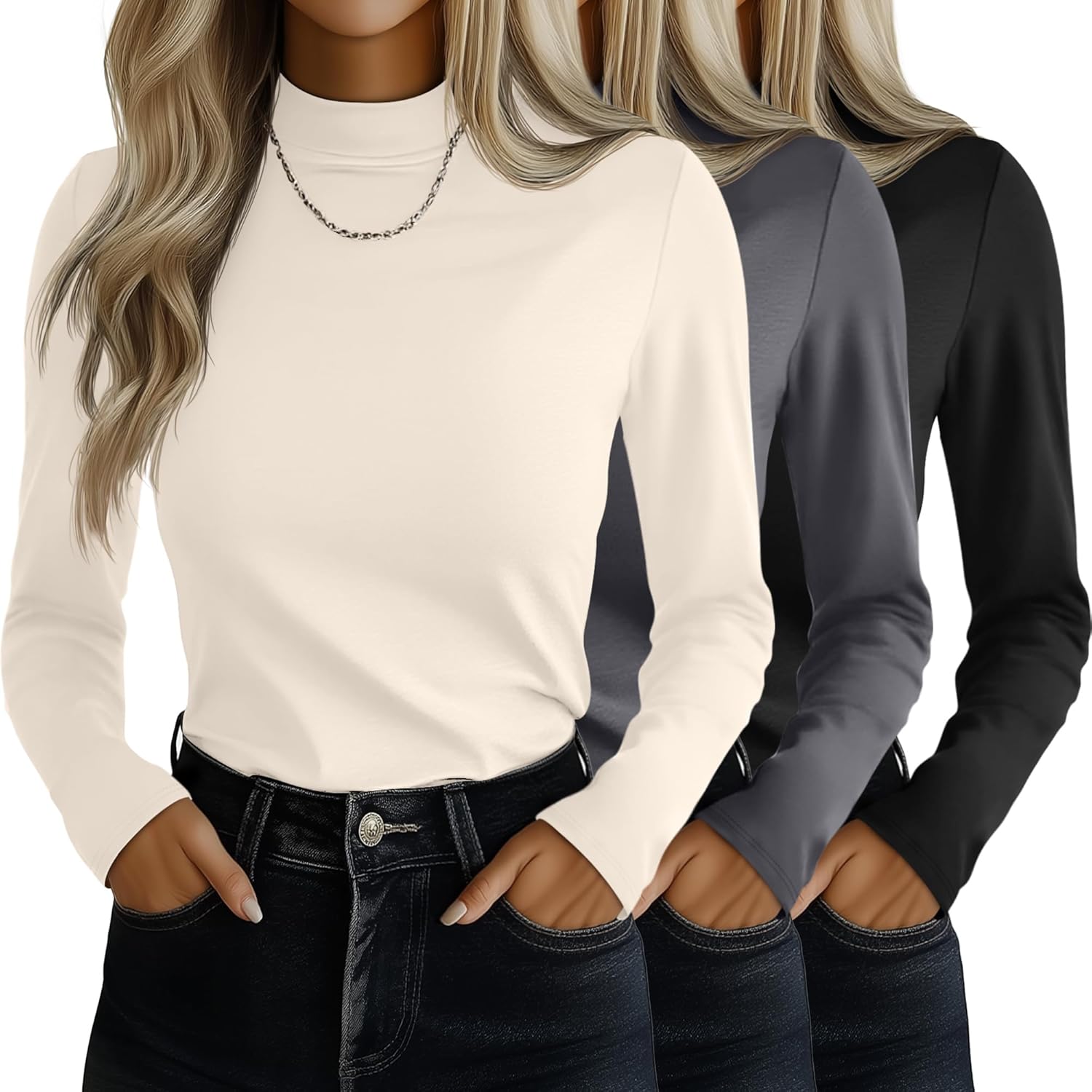 Ficerd 3 Pack Women's Mock Turtleneck Shirts, Long Sleeve Mock Neck Pullover Tops Slim Fitted Stretch Undershirt Tee Blouse