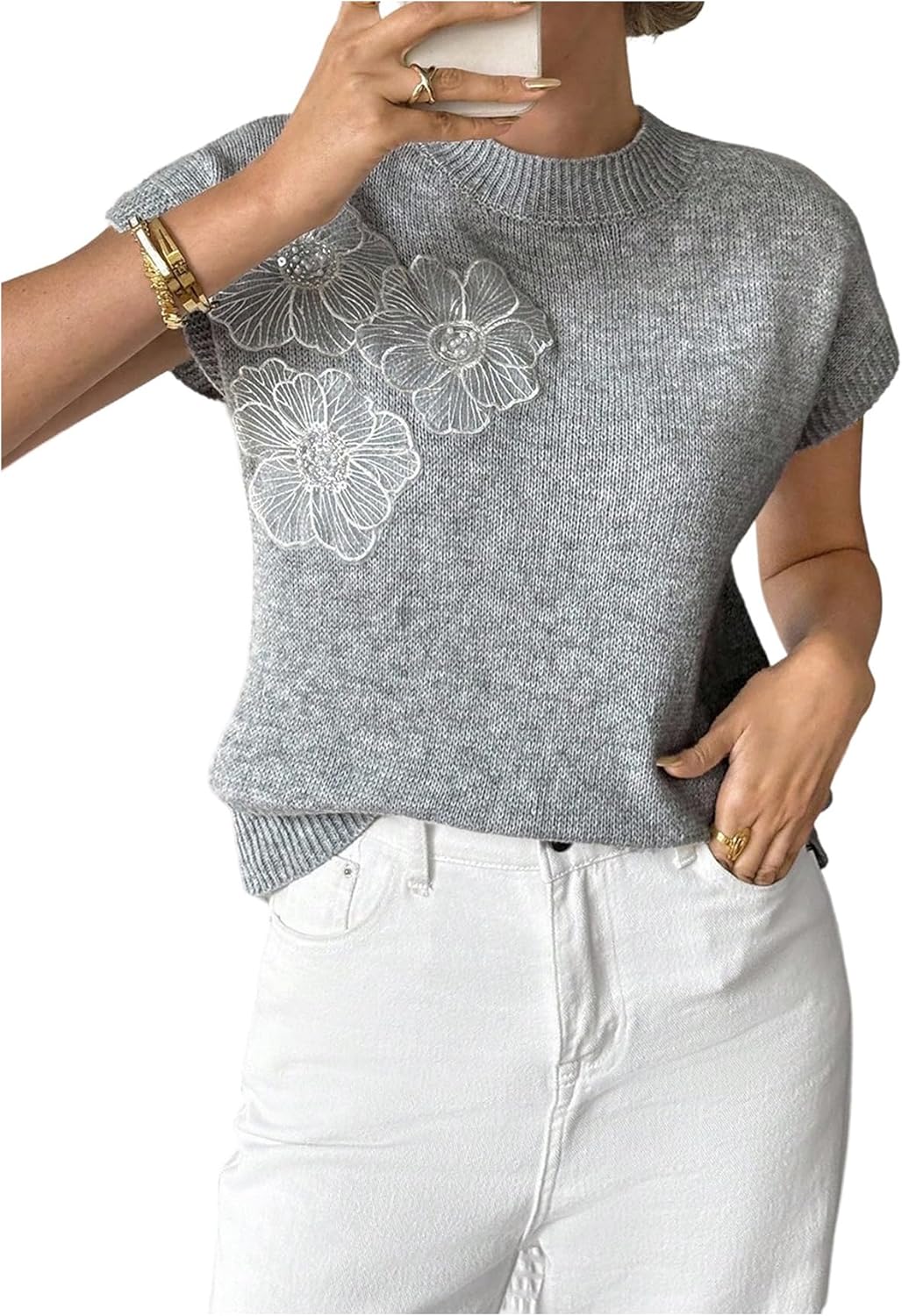 SOLY HUX Women's Ribbed Sweater Crew Neck Short Sleeve Loose Fit Floral Knit Pullover Tops