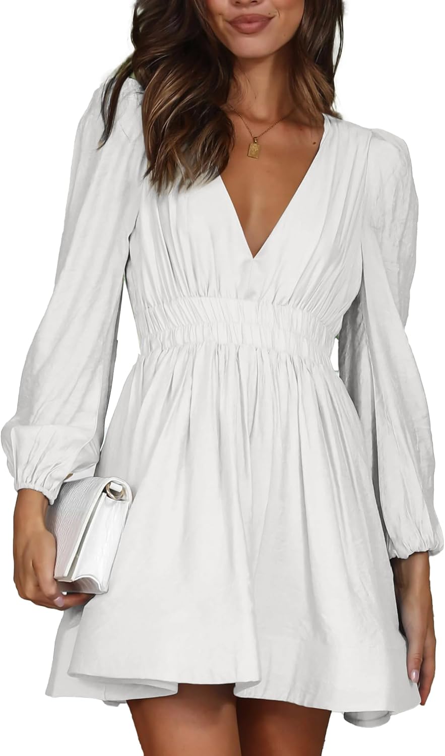 FAIABLE Mini Deep V Sexy Long Sleeve Dress for Women A-line High Waisted Casual Flowy Dress for Cocktail Wedding Guest