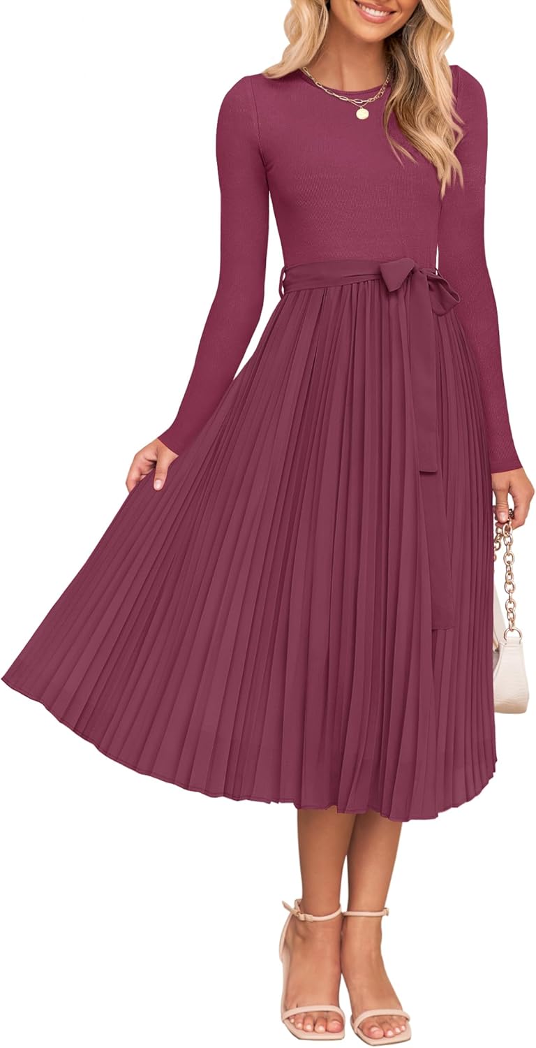 ZESICA Women's Fall Long Sleeve Midi Dress 2025 Casual Crewneck Knit Belted Pleated A Line Flowy Party Dresses