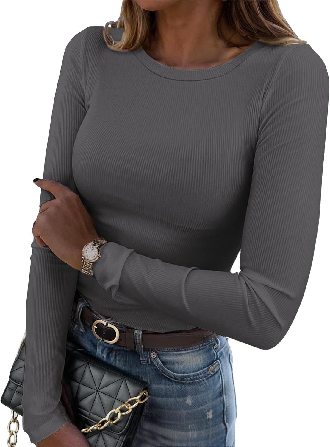 Zeagoo Womens Long Sleeve Stretch Crewneck Ribbed T-Shirt Slim Fit Casual Basic Tops S-XXL