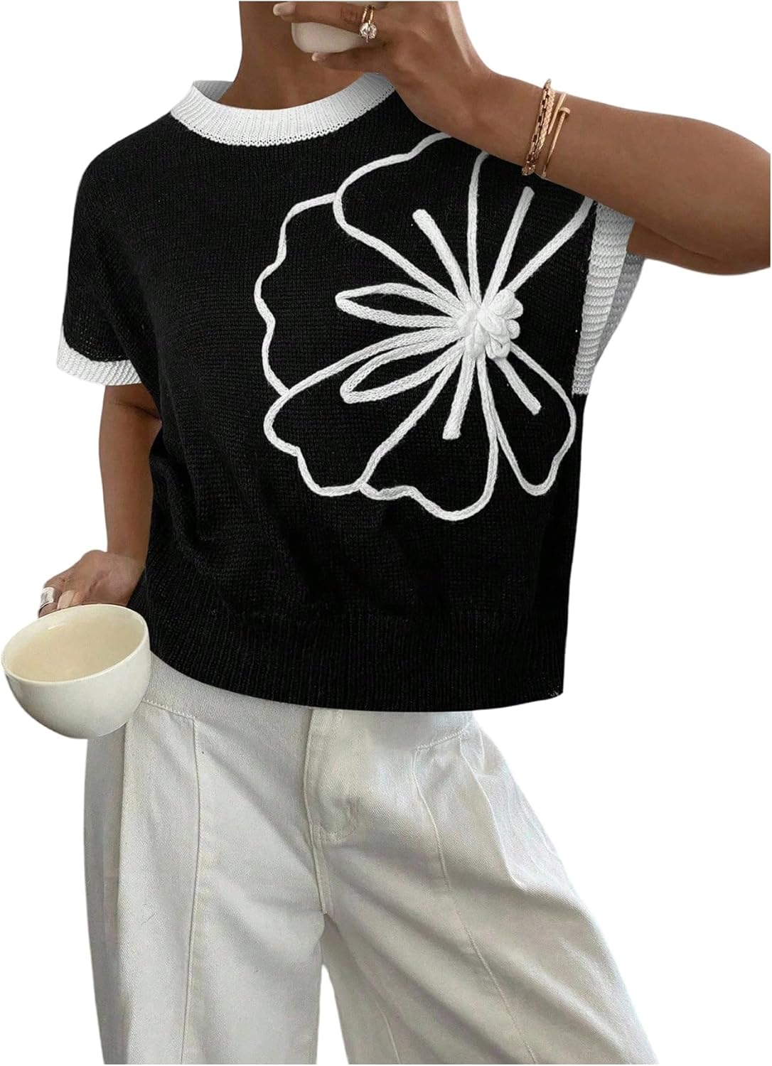 SOLY HUX Women's Ribbed Sweater Crew Neck Short Sleeve Loose Fit Floral Knit Pullover Tops