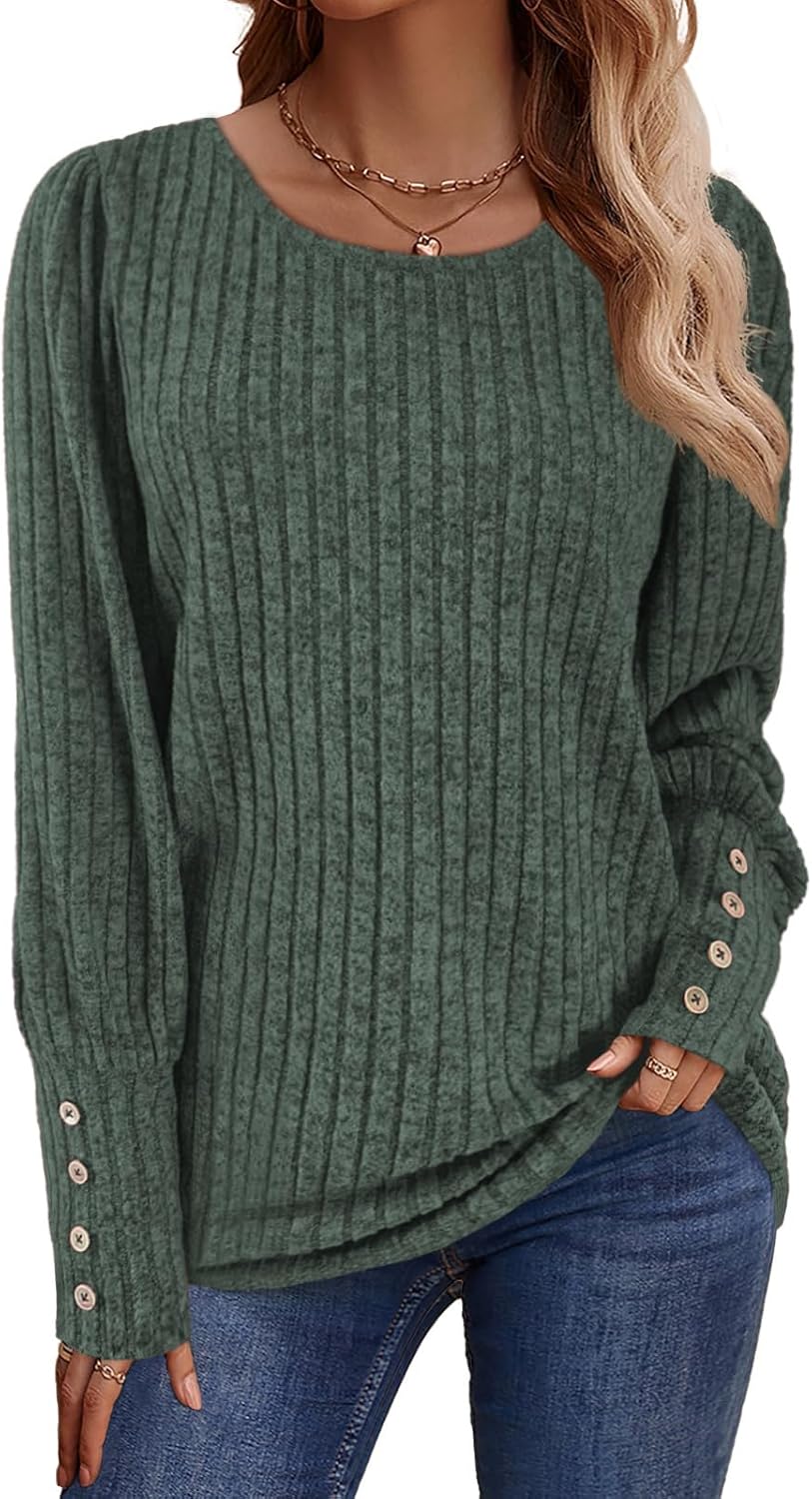 Lylinan Womens Ribbed Knit Long Sleeve Tops Casual Button Cuff Pullover Sweaters Blouses S-XXL