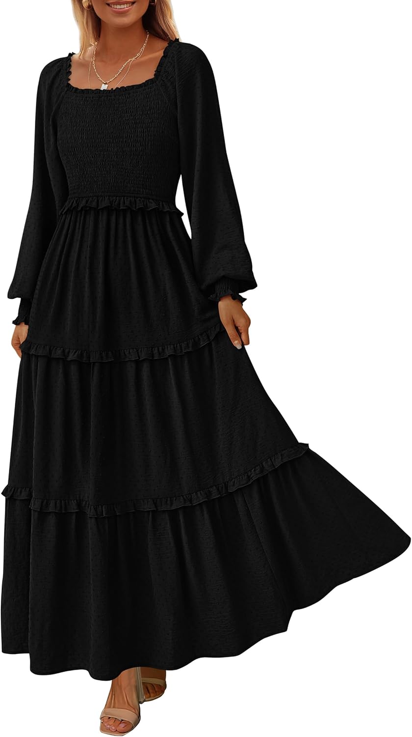 PRETTYGARDEN Fall Dresses for Women 2025 Long Sleeve Smocked Square Neck Swiss Dot Tiered Flowy Wedding Guest Maxi Dress