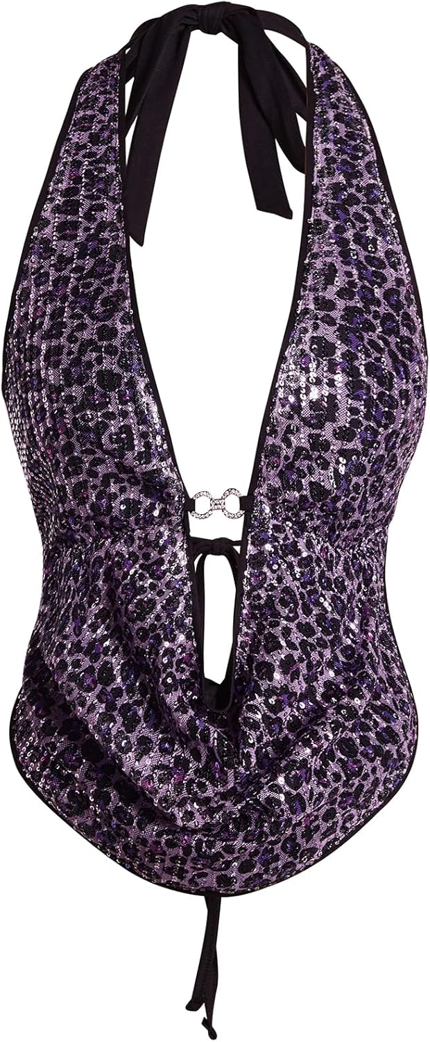 Verdusa Women's Cheetah Print Sequin Top Y2K Tie Back Corset Halter Going Out Crop Tops