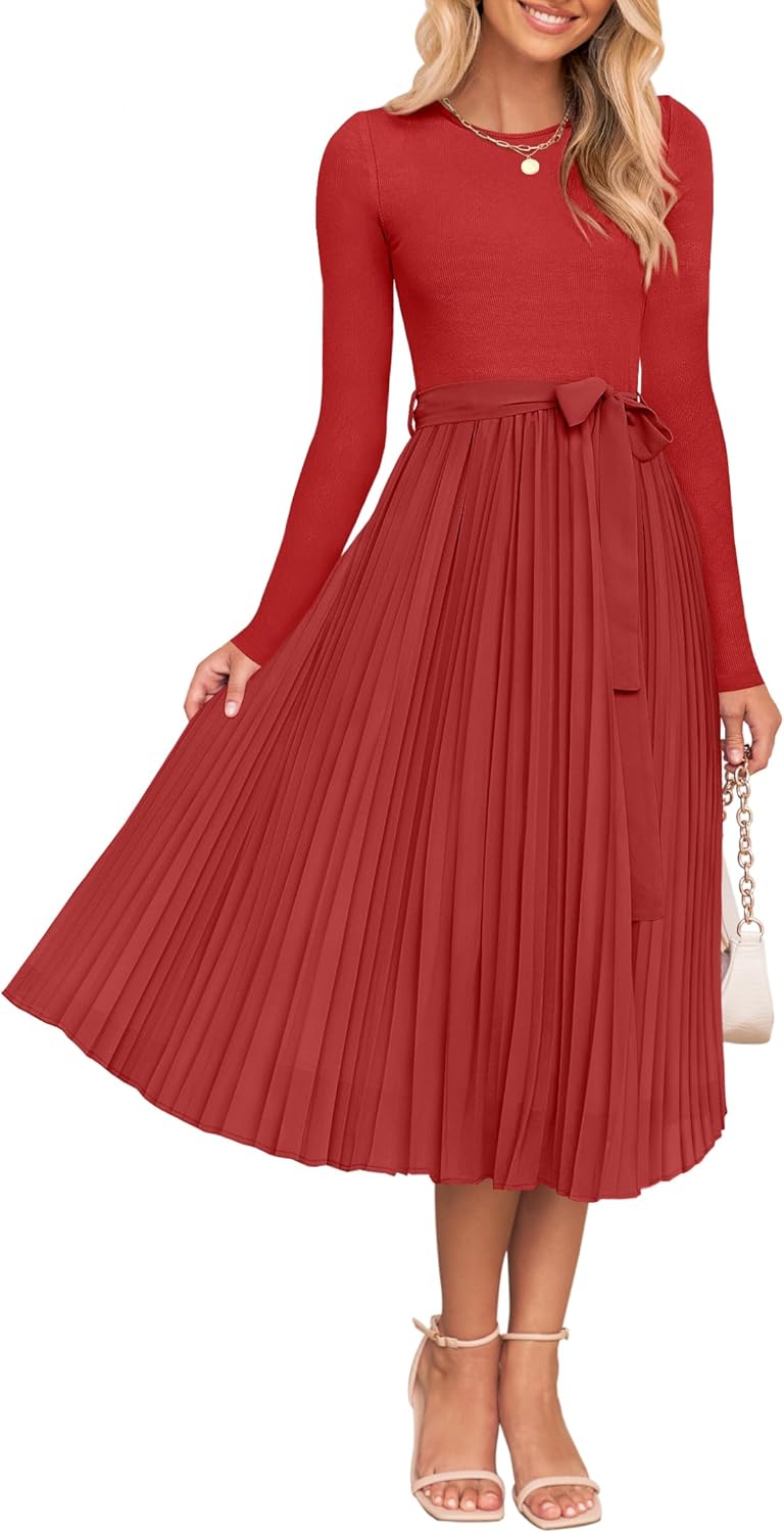 ZESICA Women's Fall Long Sleeve Midi Dress 2025 Casual Crewneck Knit Belted Pleated A Line Flowy Party Dresses