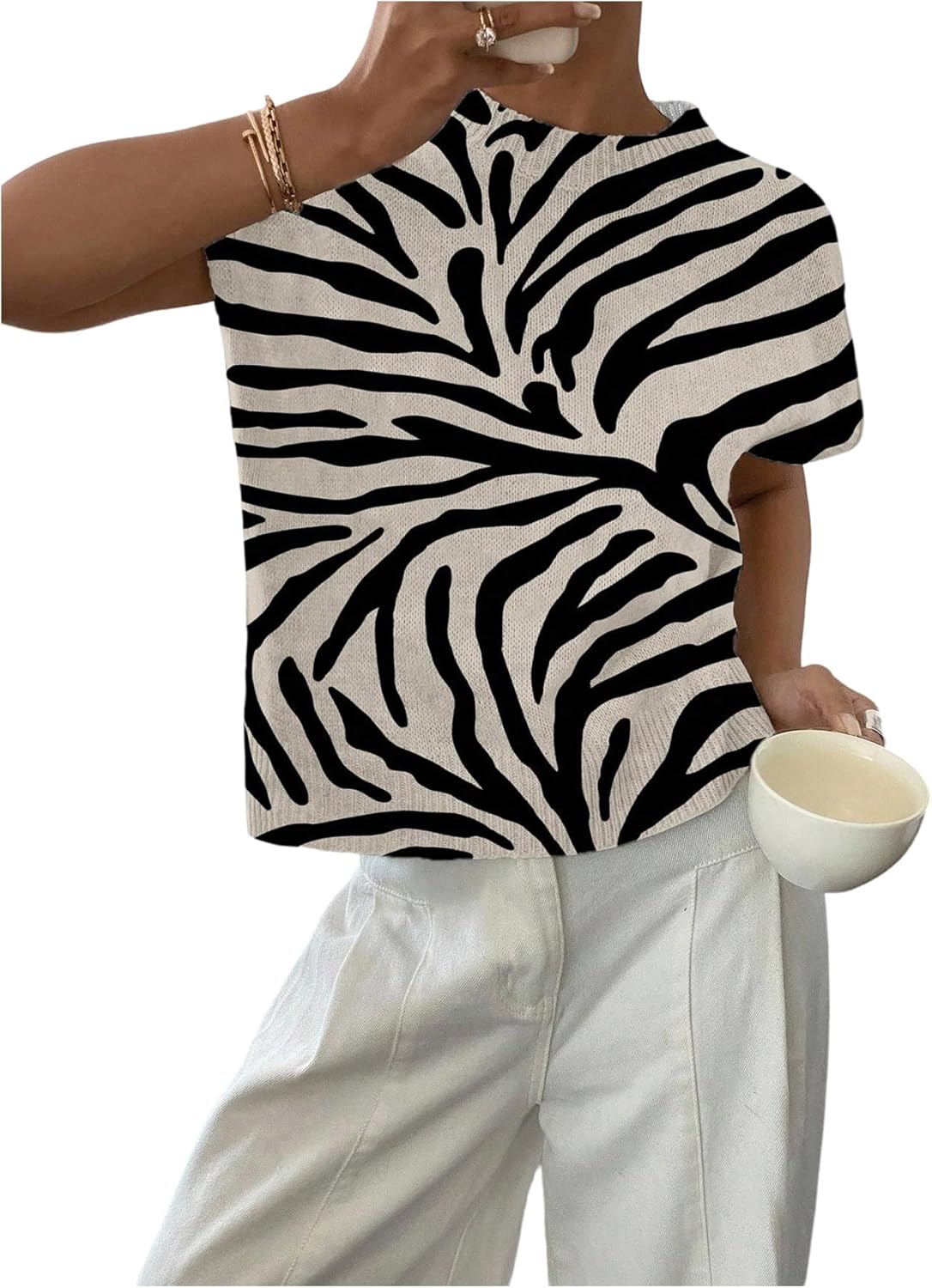 SOLY HUX Women's Ribbed Sweater Crew Neck Short Sleeve Loose Fit Floral Knit Pullover Tops