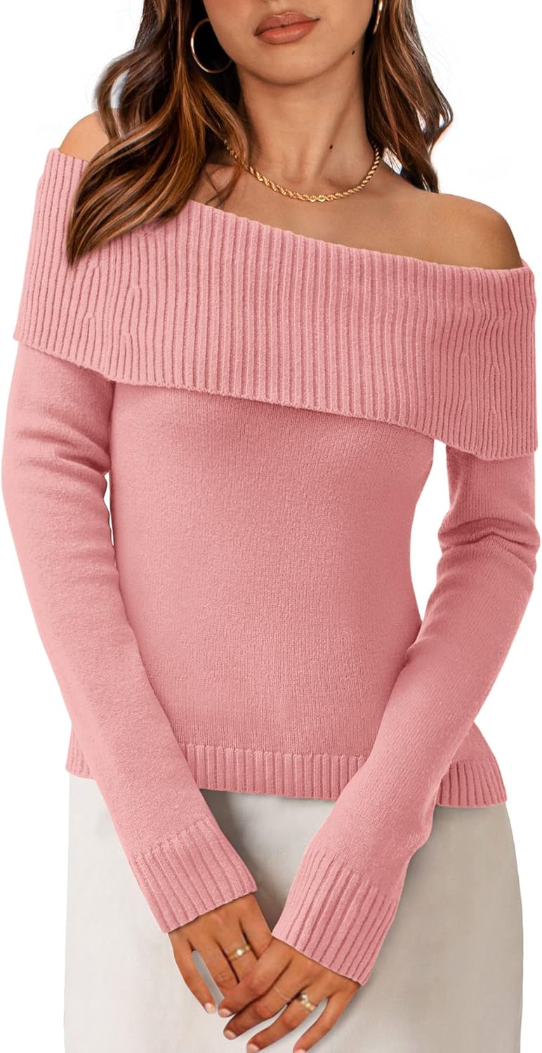 PRETTYGARDEN Off The Shoulder Sweater for Women 2025 Fall Fashion Cute Long Sleeve Tops Winter Ribbed Pullover Knit Outfits