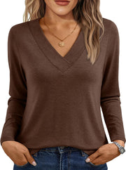 AUTOMET Long Sleeve Shirts for Women Tops V Neck Casual Top Comfortable Shirt Soft Basic Tees Women Blouses