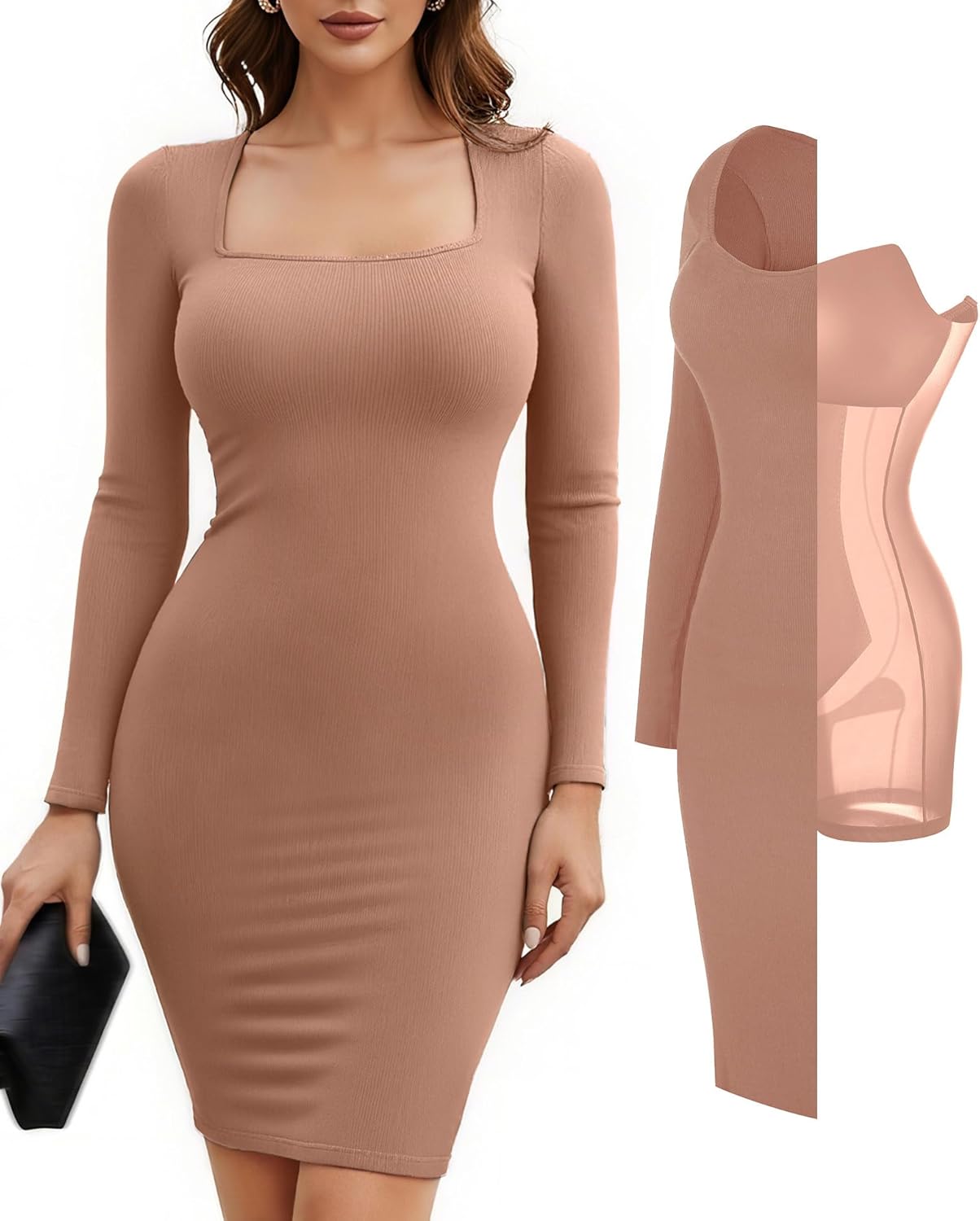 Popilush Dress Long Sleeve Midi Bodycon Dresses for Women Square Neck Shapewear Tummy Control Built-in Bra Party