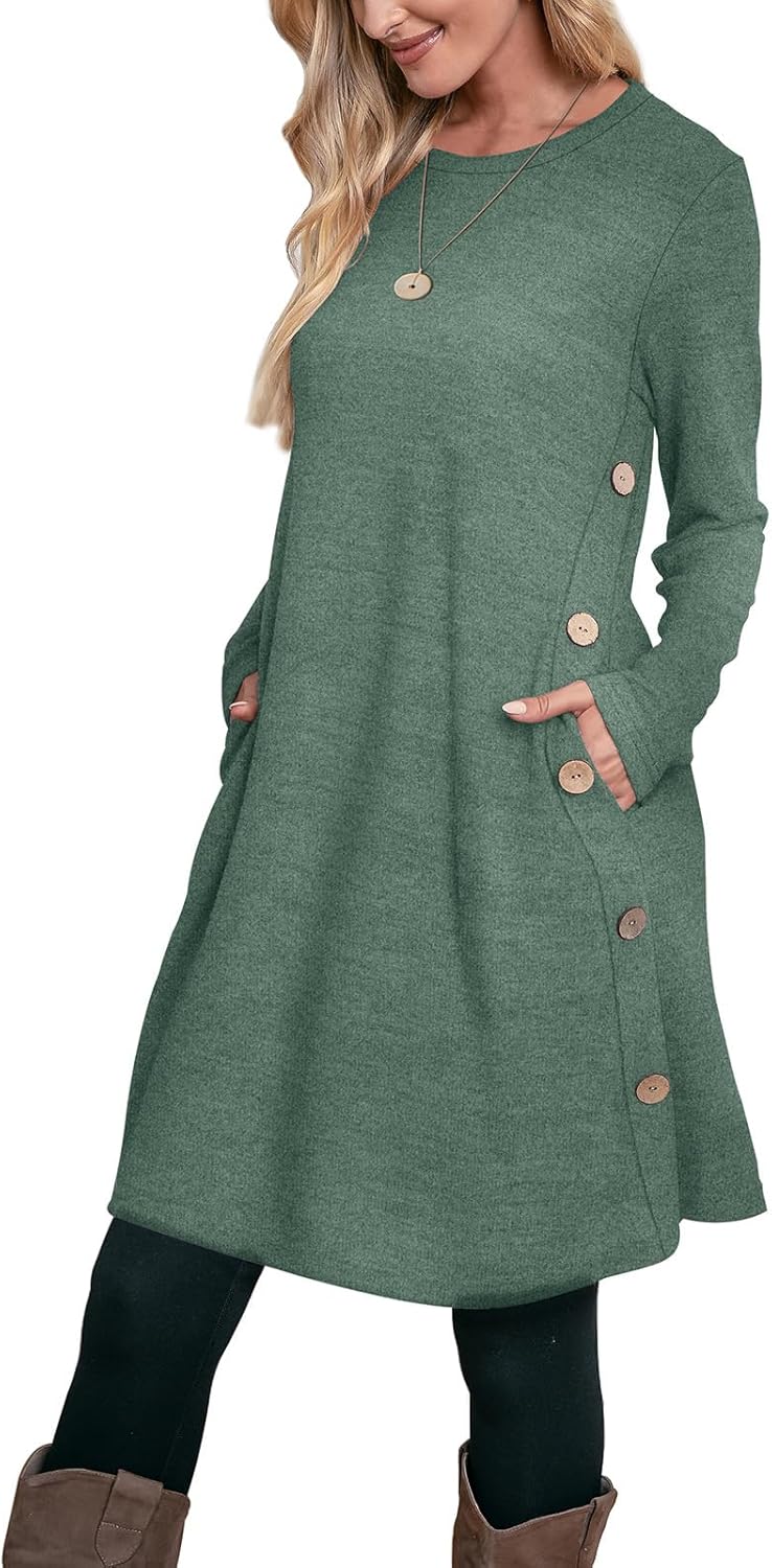 OFEEFAN Long Sleeve Dress for Women Crew Neck Tunic Dress with Pockets Buttons Side