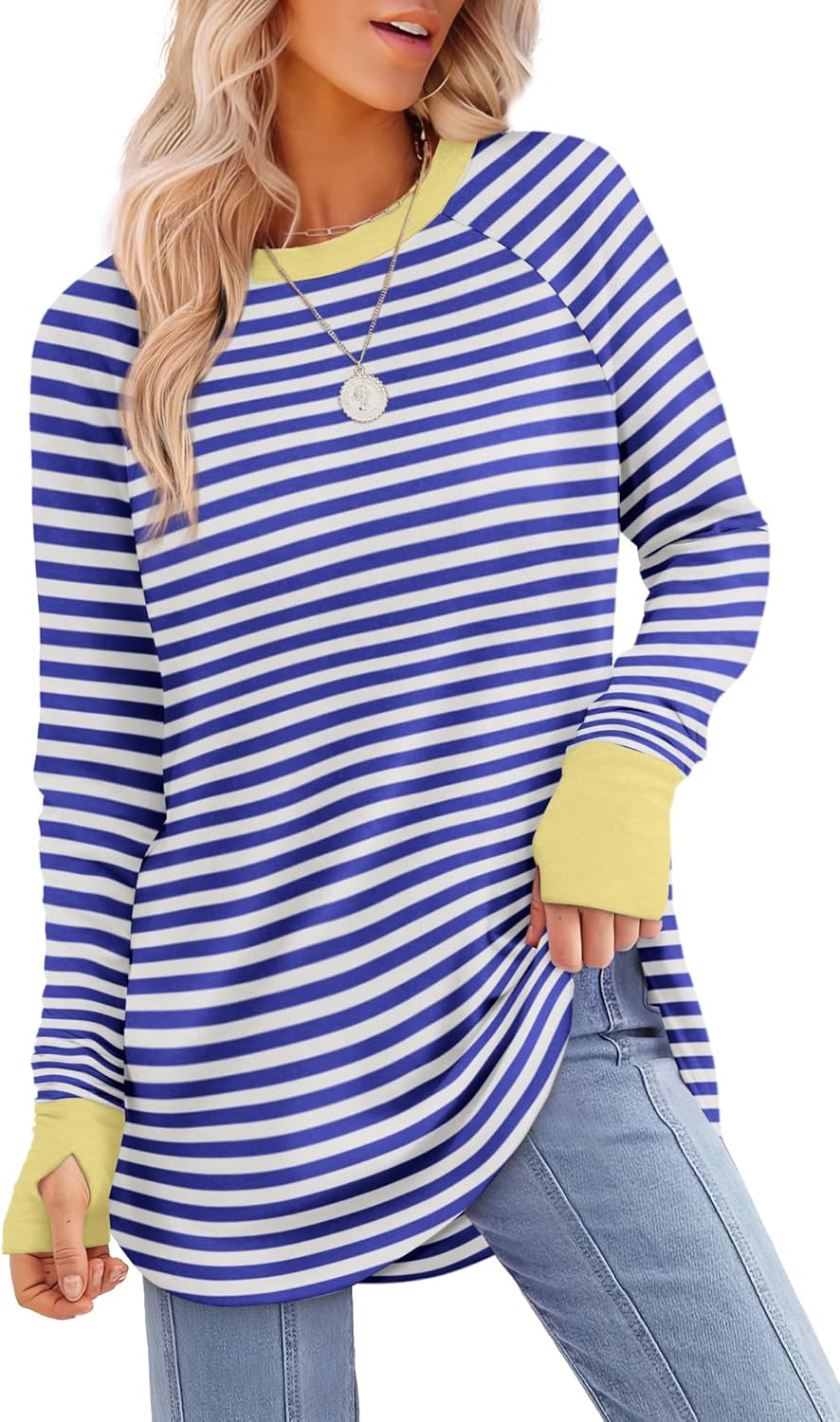 XIEERDUO Womens Tunic Tops to Wear with Leggings Long Sleeve Thumb Hole Shirts Crew Neck Curved Hem