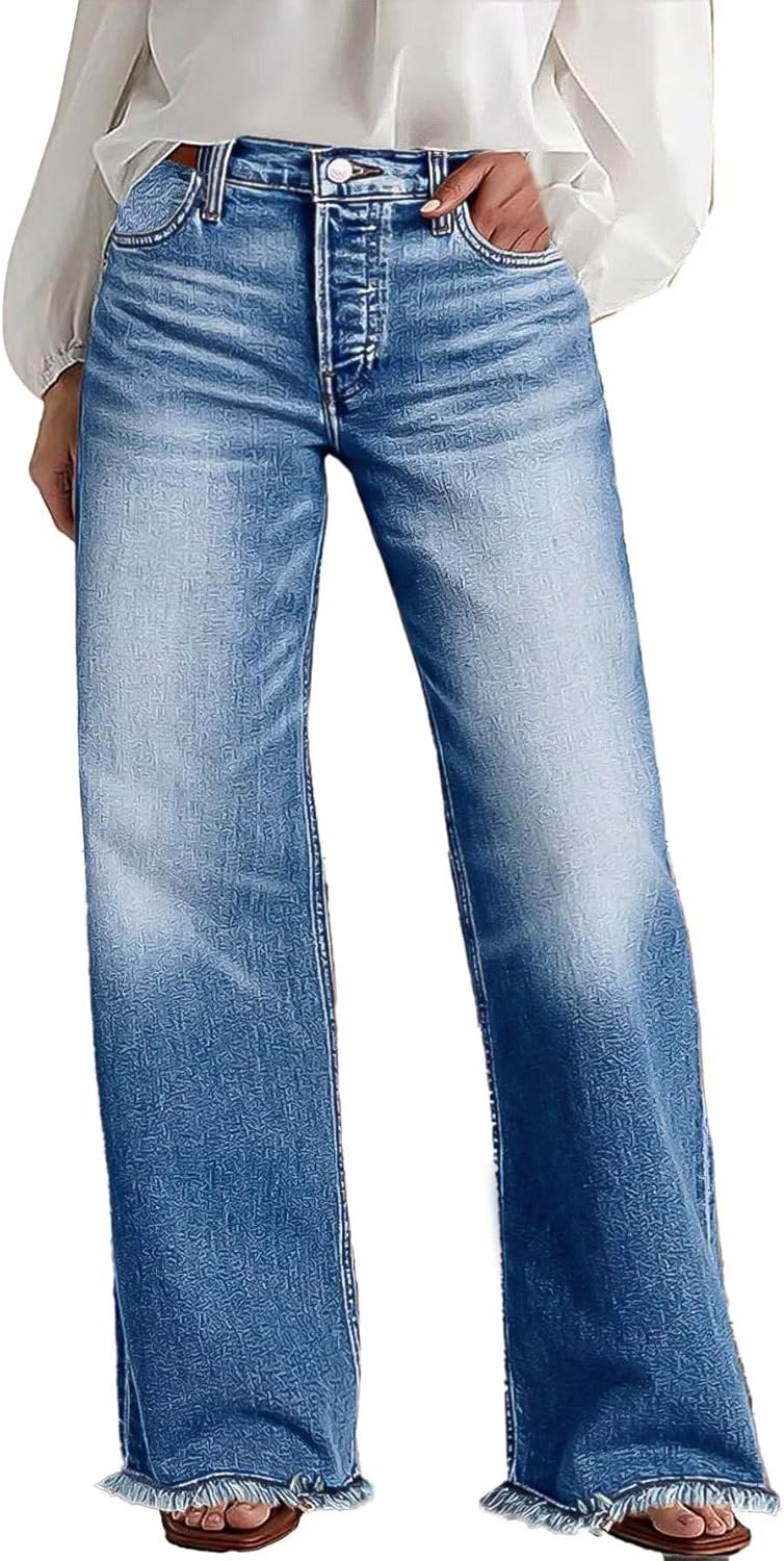 Flamingals Wide Leg Jeans for Women Mid Waist Baggy Stitch Decor Denim Washed Pants Without Belt
