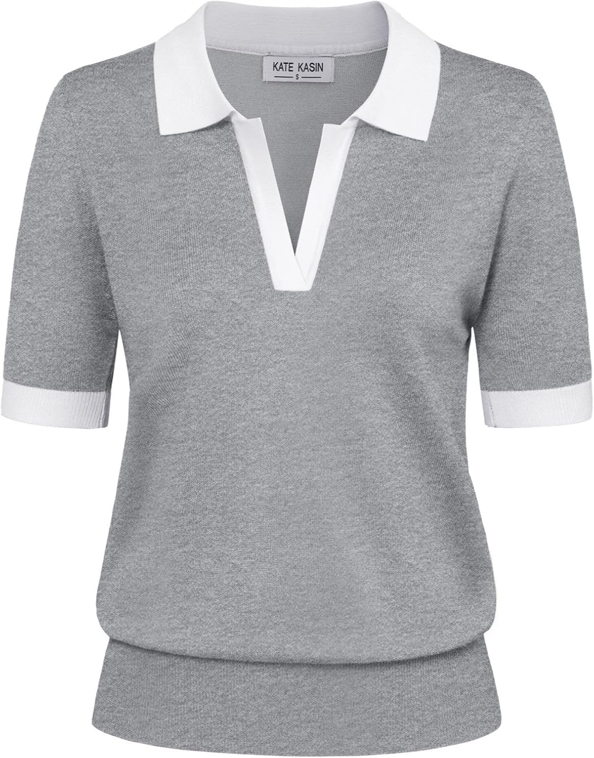 Kate Kasin Women Short Sleeve Polo Sweater V Neck Knitted Tops Casual Ribbed Shirt Loose Pullover Sweater