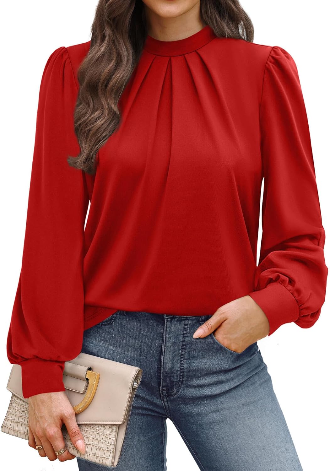 WIHOLL Long Sleeve Shirts for Women Mock Neck Tops Pleated Front Blouses Dressy Casual Fall Clothes 2025 Fashion