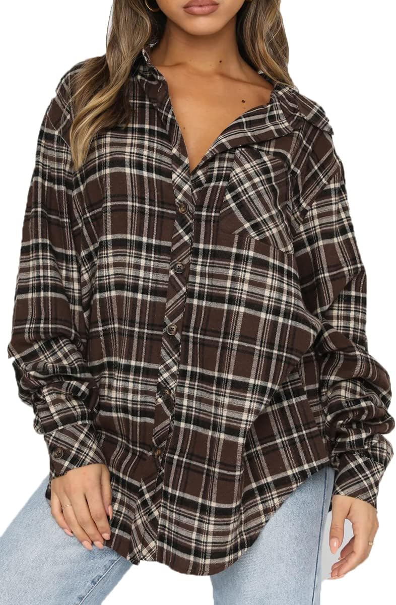 CHYRII Womens Button Down Flannel Shirts Long Sleeve Plaid Shackets Business Casual Blouse Top