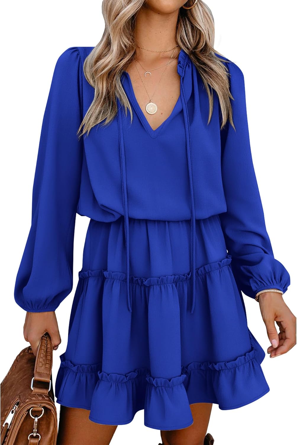 BTFBM Long Sleeve Fall Dresses for Women 2025 Summer Casual Tie Neck Ruffle Tiered A Line Wedding Guest Short Mini Dress