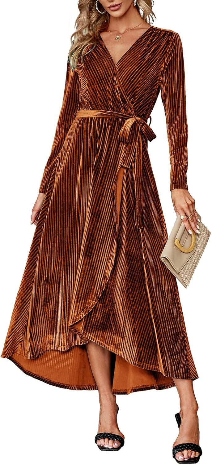 BerryGo Women's Velvet V Neck Wrap Semi Formal Dress Cocktail Party Maxi Dress for Wedding Guest