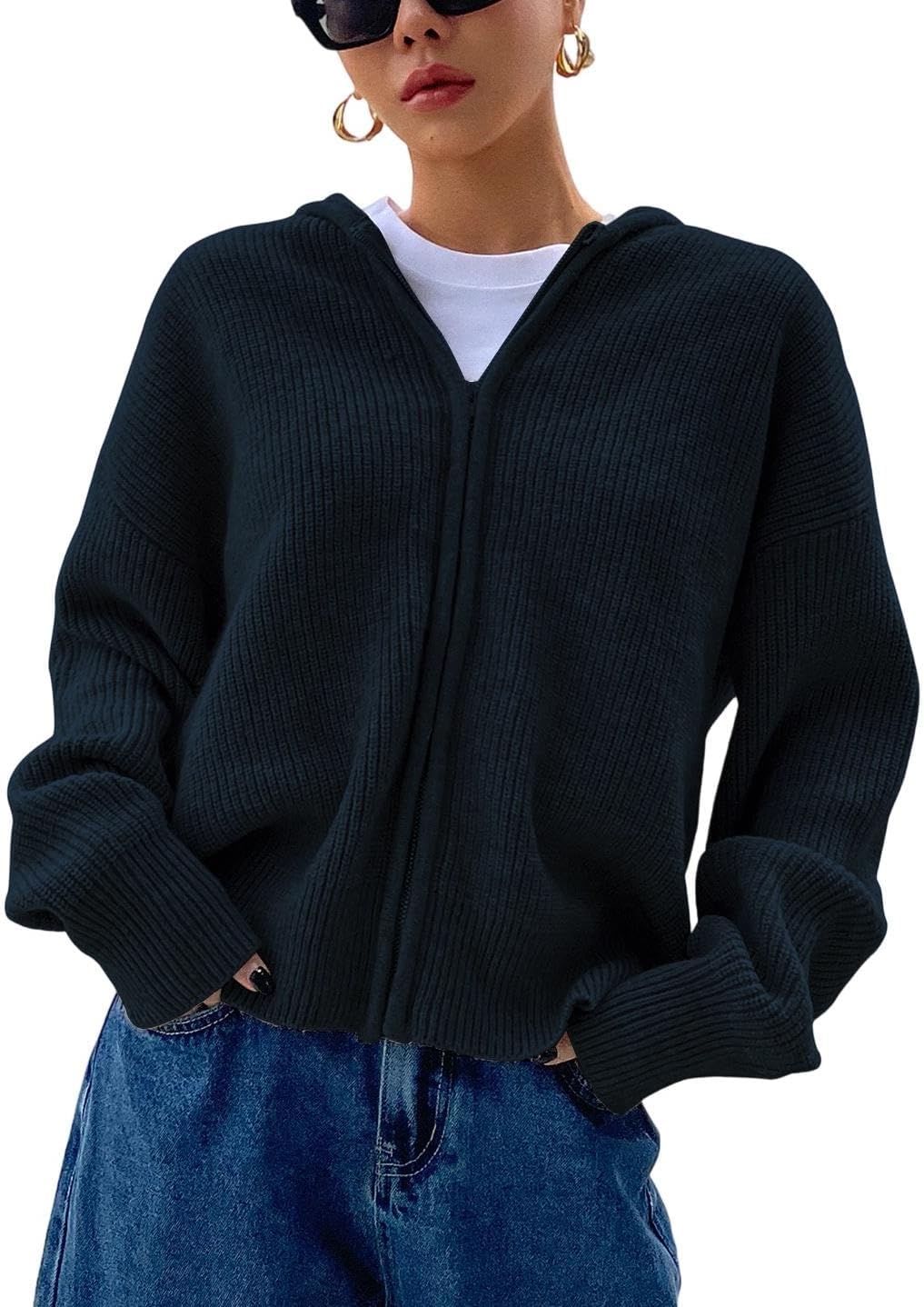 SOLY HUX Zip Up Cardigan for Women Hooded Cardigan Sweater Knitted Drop Shoulder Fall Clothes Winter Hoodies Outerwear