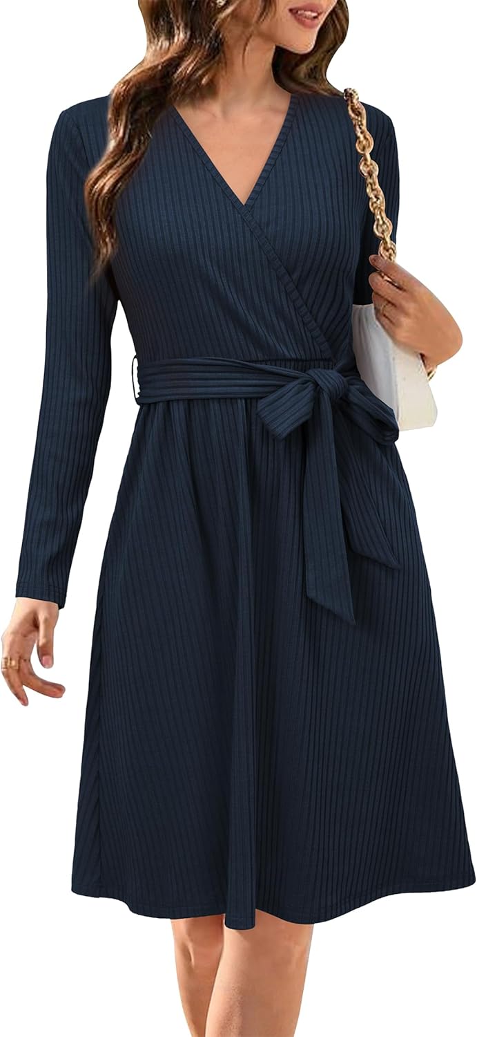 Newshows Womens 2025 Fall Dresses Teacher Church Business Casual Work Outfits Knit Midi Sweater Pockets Belt Dress