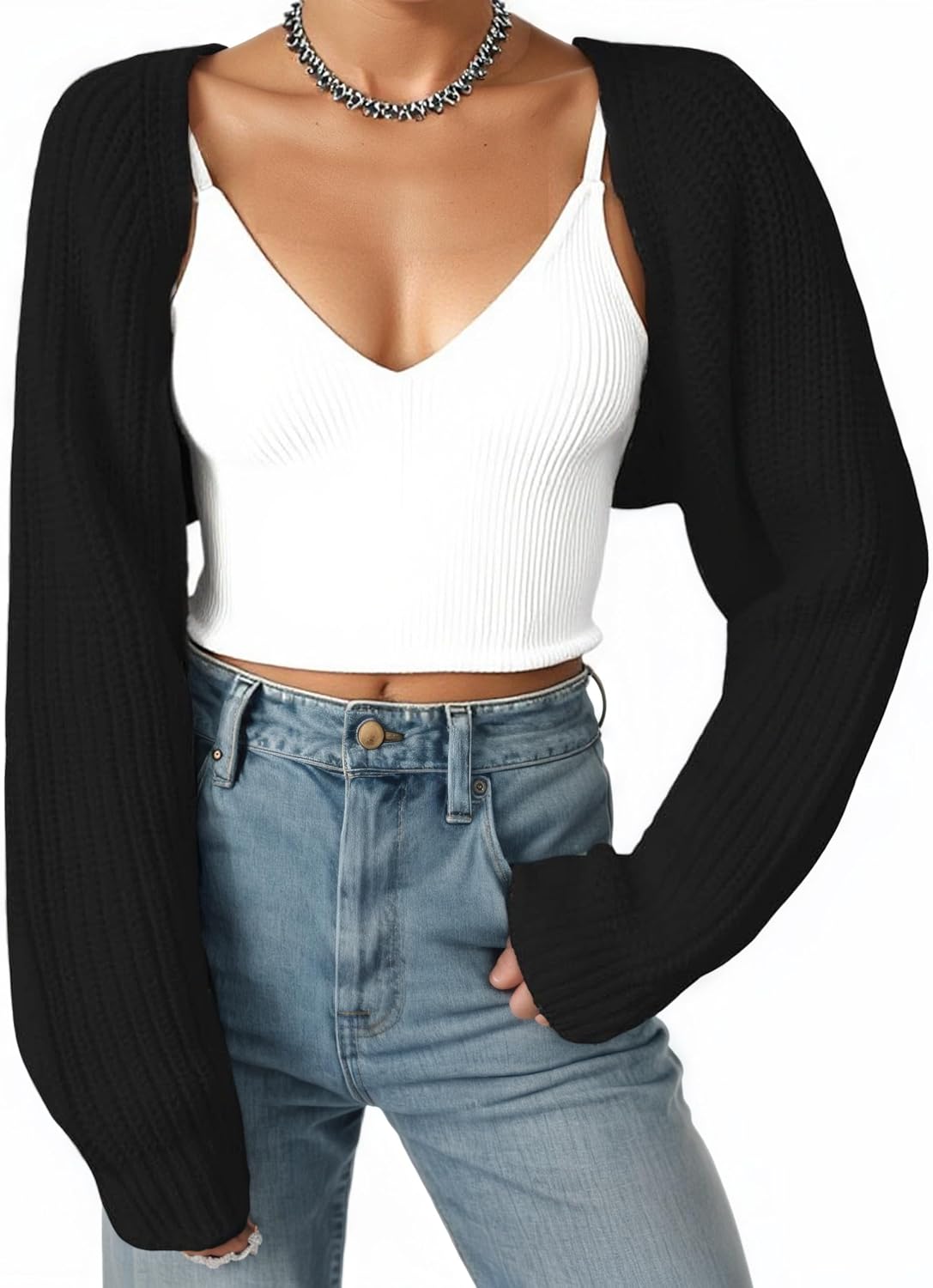 Women Open Front Ribbed Knit Crop Bolero Drop Shoulder Long Sleeve Solid Loose Fit Knitted Crop Cardigan Shrug