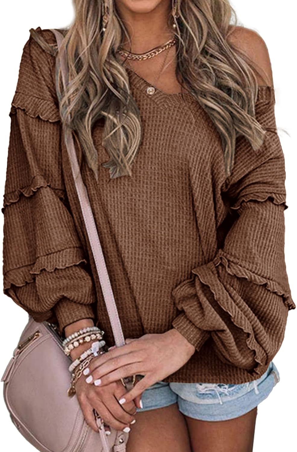 BTFBM Women's V Neck Long Sleeve Blouse Loose Fit Tunics Ruffles Off Shoulder Waffle Knit Solid Color Tops Fall Tee Shirts